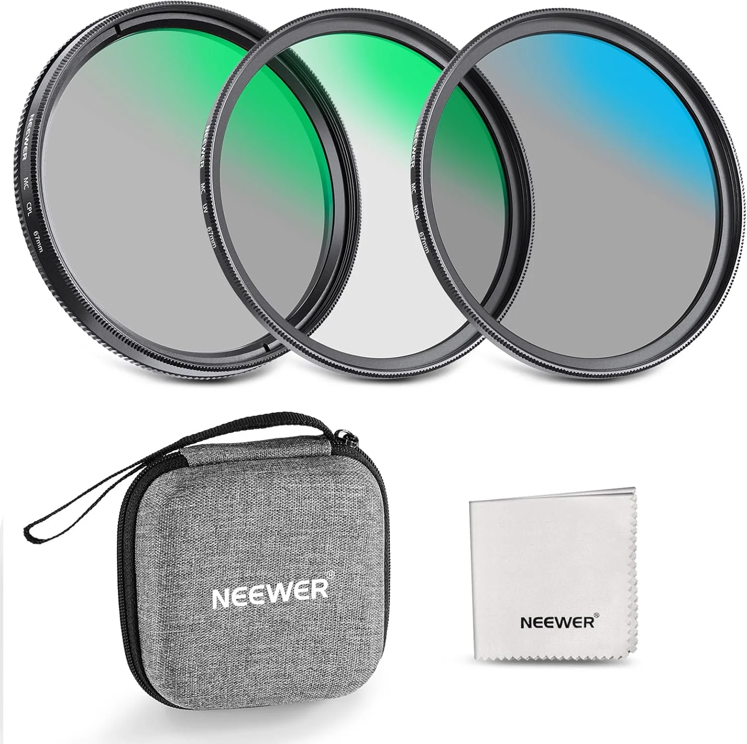 کیت فیلتر لنز NEEWER 67mm UV/CPL/ND با جعبه نگهداری سخت، شیشه اپتیکال چند لایه و قاب آلیاژ آلومینیوم، فیلتر UV + پلاریزه دایره ای (CPL) + چگالی خنثی (ND4) برای لنز دوربین 67mm