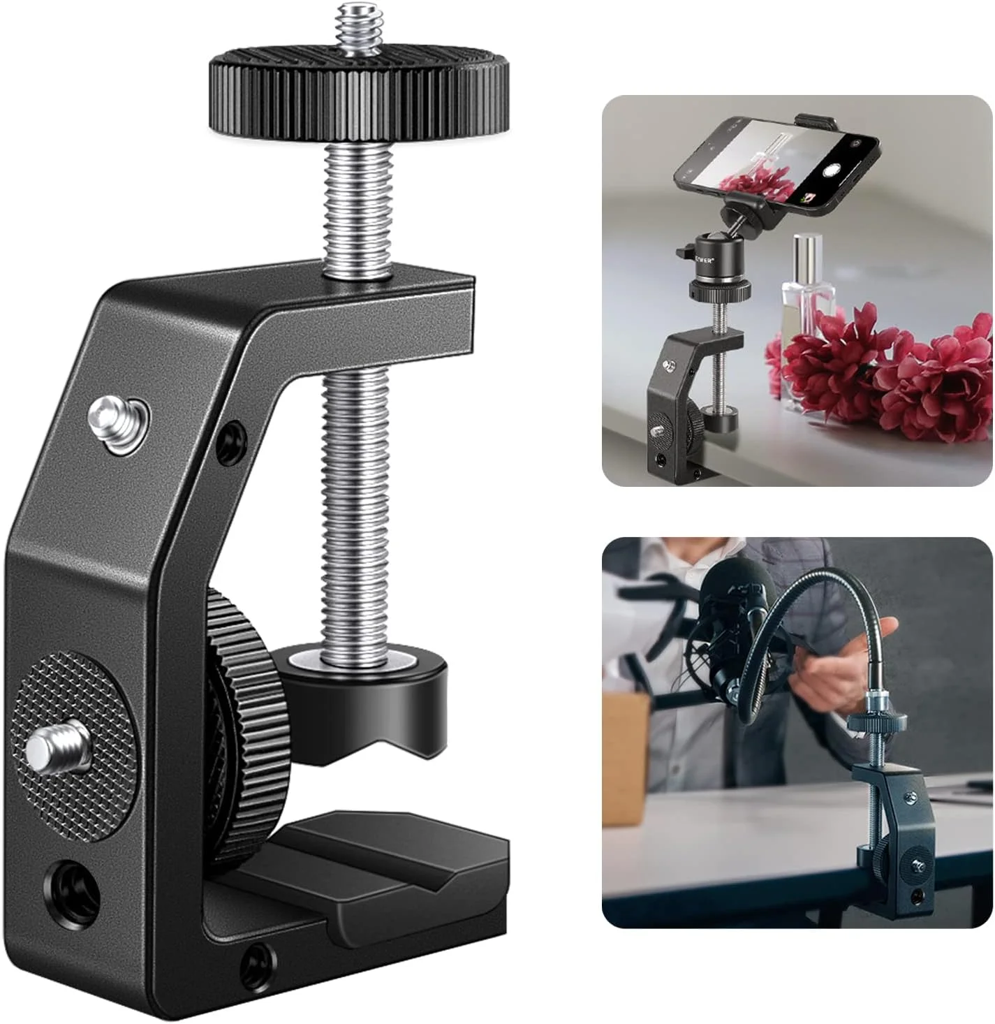 نگهدارنده چندمنظوره دوربین رومیزی گیره C نیوئر، با پیچ ¼ اینچی و نقاط نصب متعدد ¼ و ⅜ اینچی، گیره فلزی قوی برای مانیتور، تلفن، دوربین، پنل نور LED، مناسب برای ضخامت تا 6 سانتی‌متر