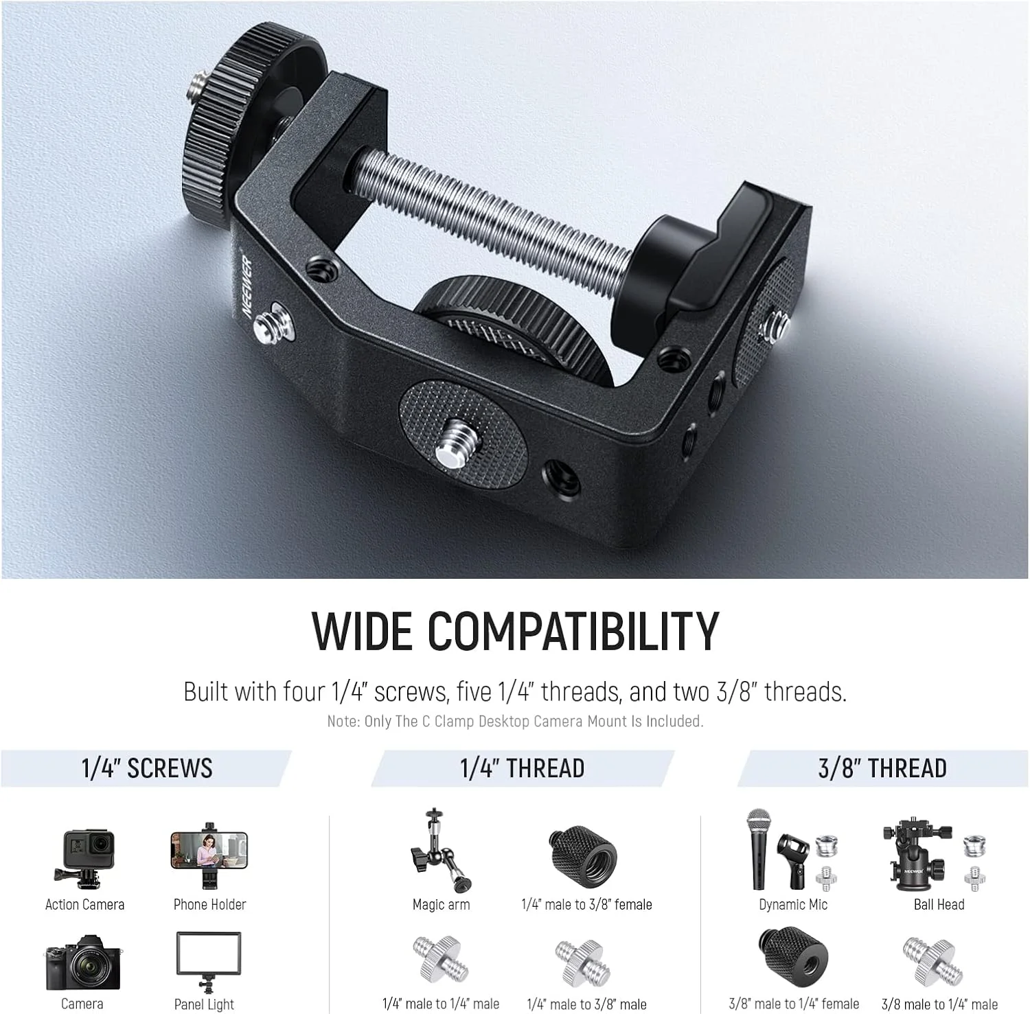 نگهدارنده چندمنظوره دوربین رومیزی گیره C نیوئر، با پیچ ¼ اینچی و نقاط نصب متعدد ¼ و ⅜ اینچی، گیره فلزی قوی برای مانیتور، تلفن، دوربین، پنل نور LED، مناسب برای ضخامت تا 6 سانتی‌متر