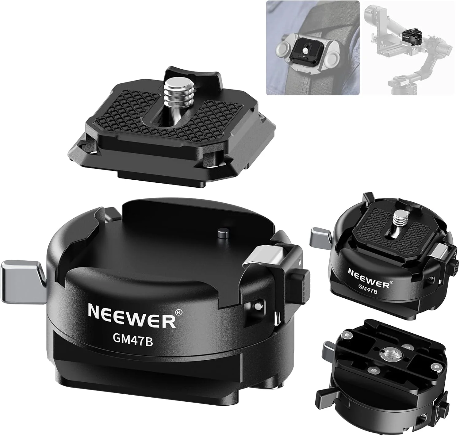 کیت صفحه رهاسازی سریع NEEWER GM47B، آداپتور و پایه گیره نصب سه پایه دوربین QR مربعی قفل خودکار ضد پیچش سازگار با Arca Swiss DJI Ronin RS 4 Pro RS 3 RS 2 Peak Design Capture V3 Camera Clip