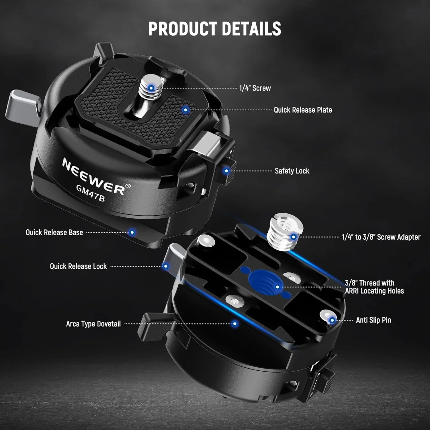 کیت صفحه رهاسازی سریع NEEWER GM47B، آداپتور و پایه گیره نصب سه پایه دوربین QR مربعی قفل خودکار ضد پیچش سازگار با Arca Swiss DJI Ronin RS 4 Pro RS 3 RS 2 Peak Design Capture V3 Camera Clip