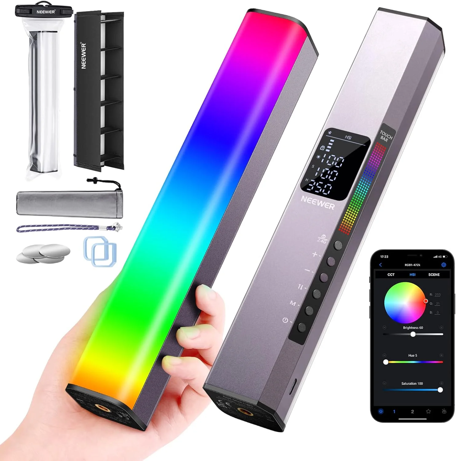 چراغ استیک LED ویدئویی RGB نیور، با کنترل لمسی و اپلیکیشن، چراغ عکاسی دستی مغناطیسی، نور LED تمام رنگی قابل تنظیم 3200K~5600K CRI98+ با باتری 6400mAh، 17 حالت، RGB1 (رزگلد)