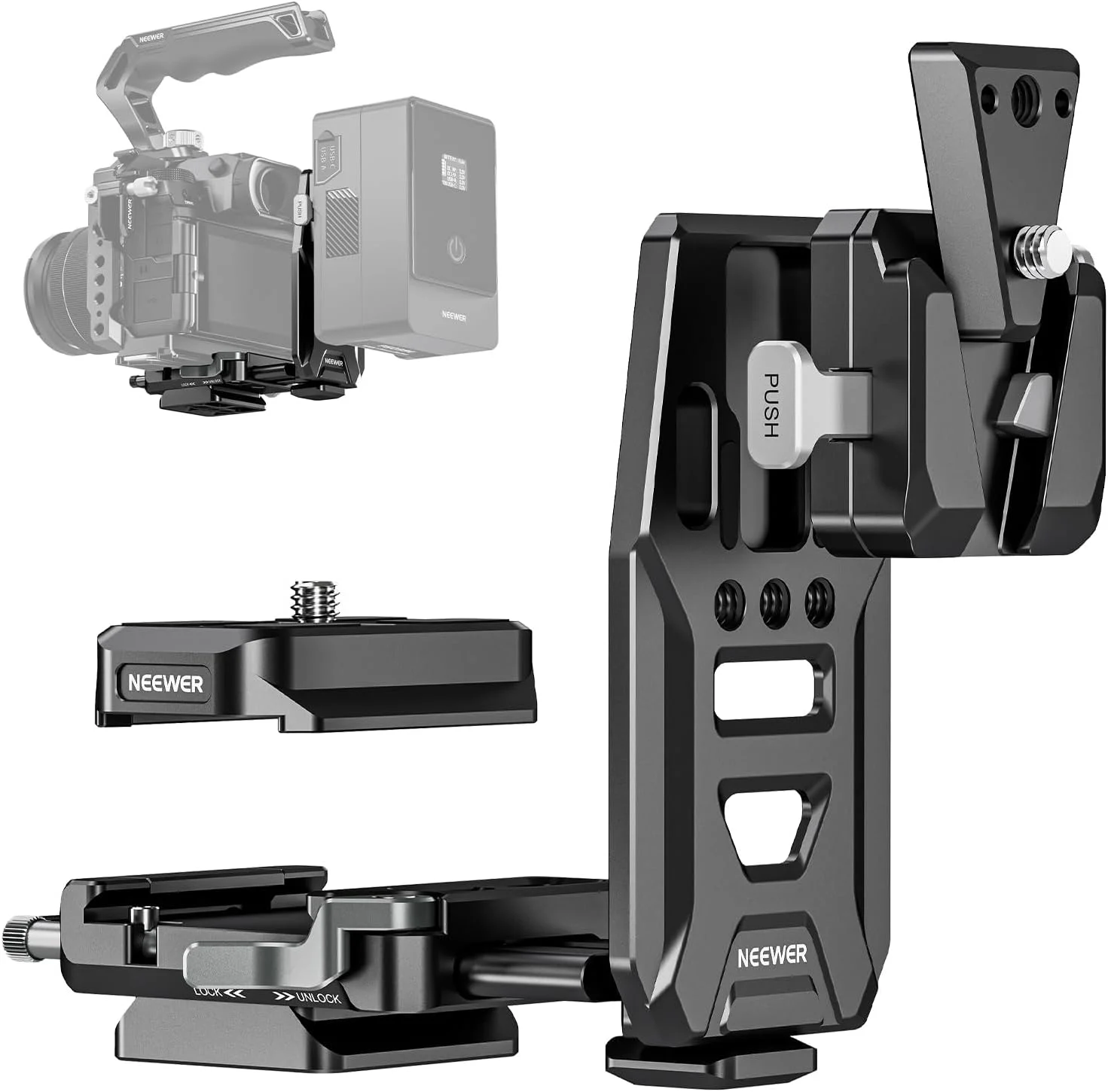 صفحه باتری V-Mount نیور با ریل های ناتو، صفحه پایه Arca Type برای گیمبال RS4 Pro RS3 Pro، ریگ ویدیویی دوربین DSLR ماژولار سازگار با قفس دوربین باتری V Lock اسمال ریگ، PS016