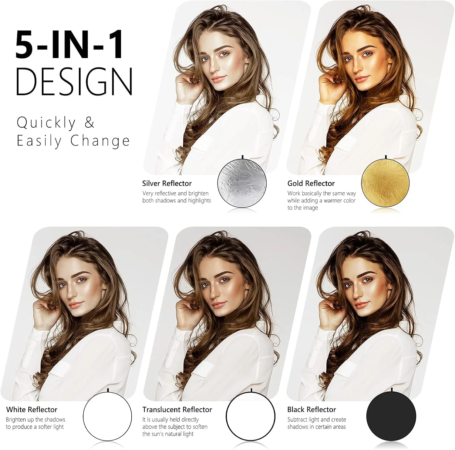 رفلکتور نور 5 در 1 قابل حمل Neewer، 60x60 سانتی متر، گرد تاشو چند منظوره، نقره ای، طلایی، سفید و مشکی برای استودیو یا هر موقعیت عکاسی