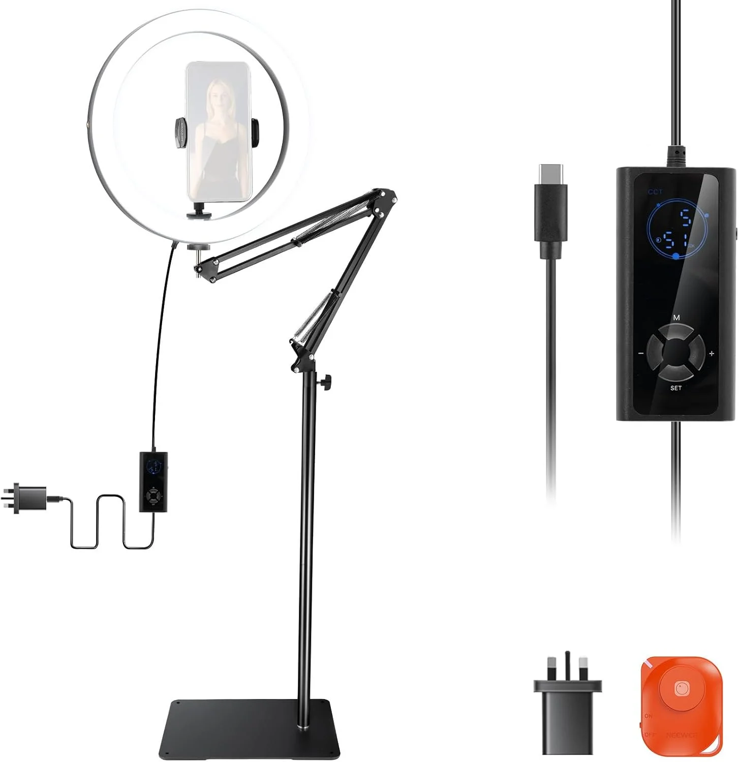 حلقه نور ال ای دی 12 اینچی 24 واتی نیور مدل RH12B سازگار با آیفون، پایه نور تاشو 60 اینچی/نگهدارنده گوشی برای ضبط ویدیو، سلفی، آرایش، استریمینگ، 2900-7000K ورودی USB C PD CRI97+