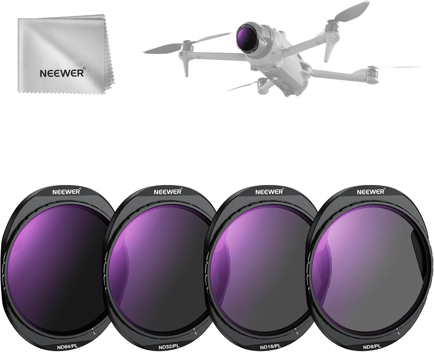 مجموعه فیلتر ND نیور سازگار با DJI Mavic 4 Pro (بسته 4 عددی)، فیلتر لنز پهپاد با شیشه اپتیکال HD چند لایه ND8/PL + ND16/PL + ND32/PL + ND64/PL با جعبه نگهداری مغناطیسی