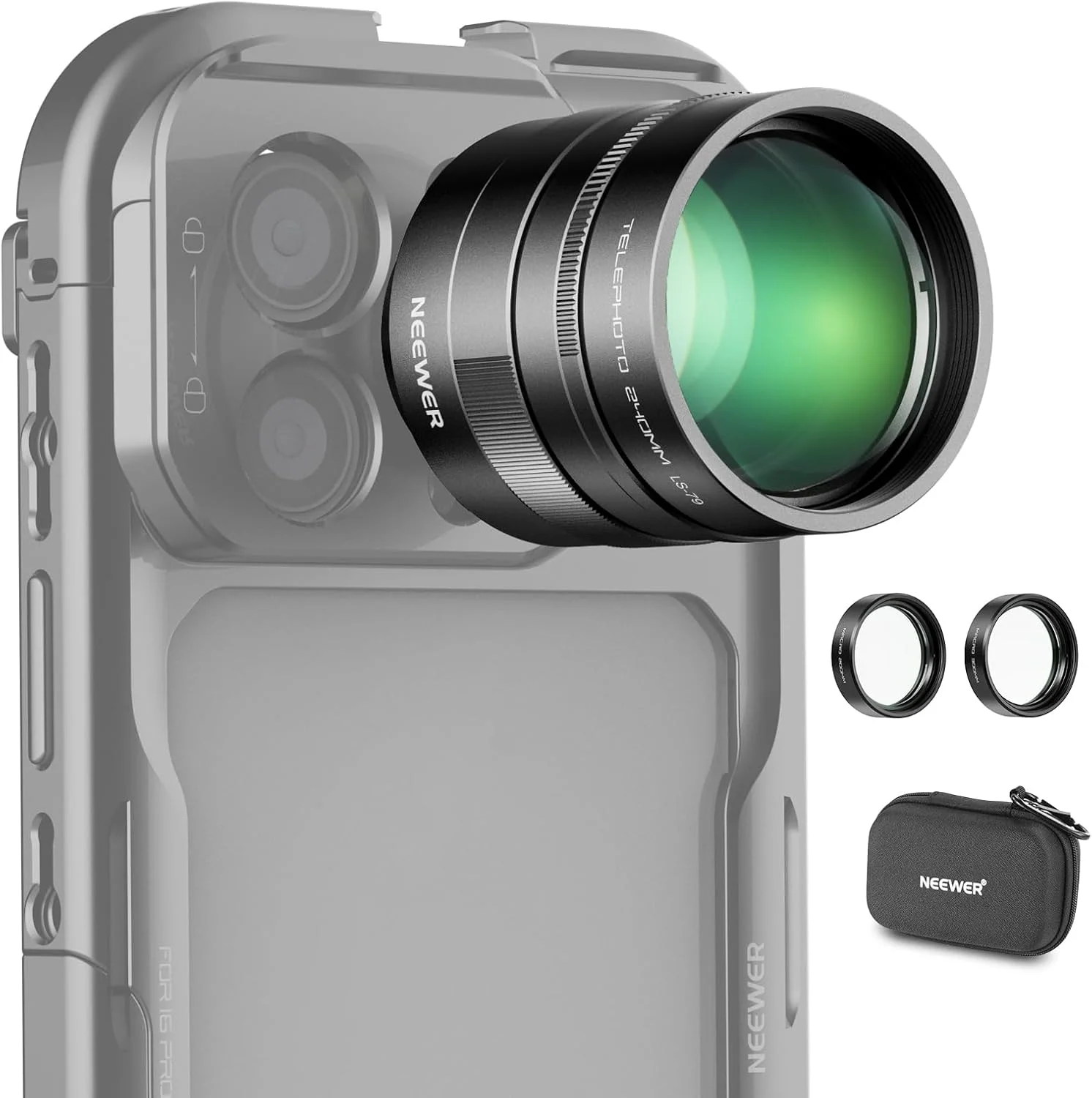 مبدل 2x NEEWER با لنزهای ماکرو 200 میلی‌متری و 300 میلی‌متری برای لنز تله فوتو دوربین گوشی، 7 المان در 5 گروه، رزوه 17 میلی‌متری سازگار با قفس/قاب گوشی آیفون، اندروید، سامسونگ، شیائومی، LS-79