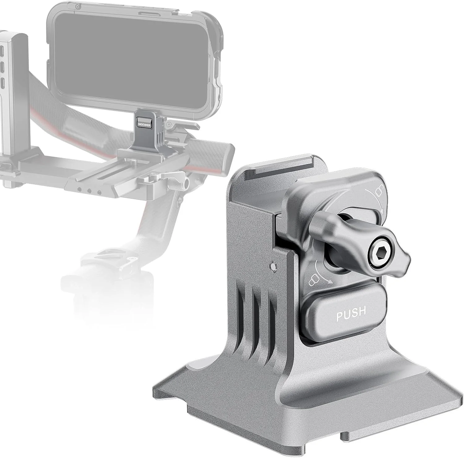 نگهدارنده سه پایه گوشی NEEWER با پایه نوع Arca، رزوه های 1/4 اینچی، گیره رهاسازی سریع سازگار با قفس گوشی iPhone 16 Pro Max S25 Ultra DJI RS4 Mini R4 Pro RS3 Pro RS2 RSC2، نقره ای، PA124