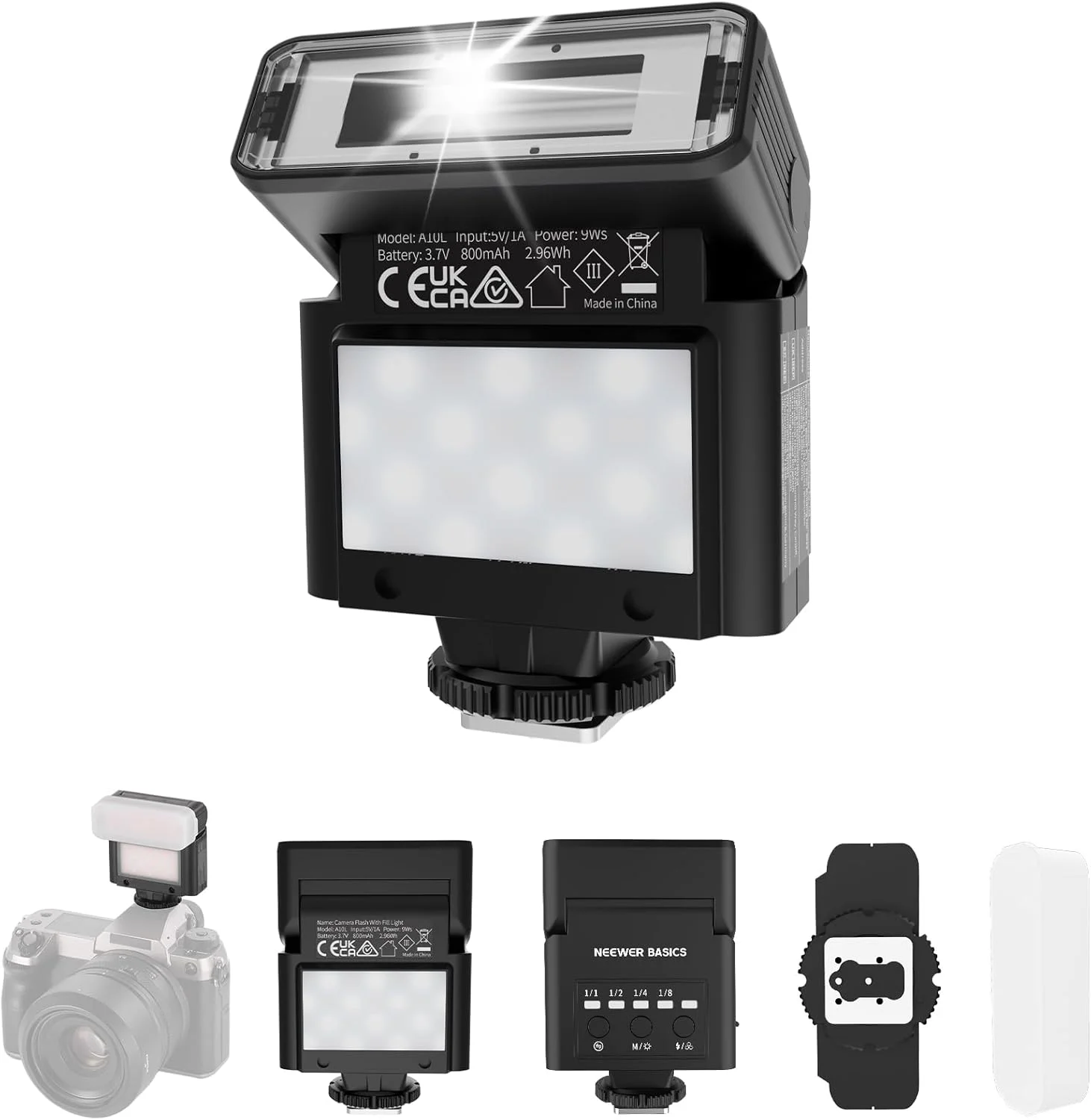 فلاش دوربین کوچک NEEWER BASICS با نور ویدئویی LED 2 واتی/GN10/بازیافت 0.5-3.5 ثانیه/550 فلاش/6500K±300K/باتری 800mAh، سازگار با دوربین های DSLR کانن فوجی فیلم سونی نیکون ریکو با کفشک استاندارد، A10L