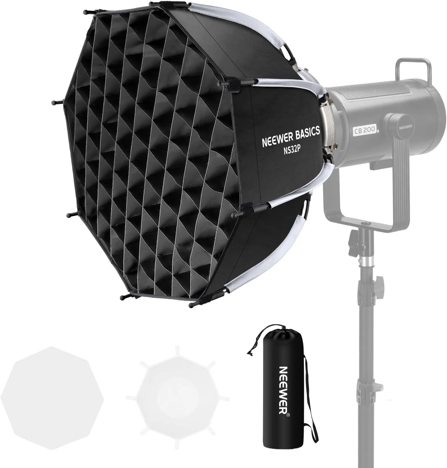 کیت سافت باکس هشت ضلعی NEEWER BASICS برای عکاسی استودیویی، ضبط ویدیو و استریمینگ، 45 سانتی متر با مانت بوئنز، دیفیوزر نور و کیف برای نورپردازی مداوم و فلاش استروب مدل NS32P