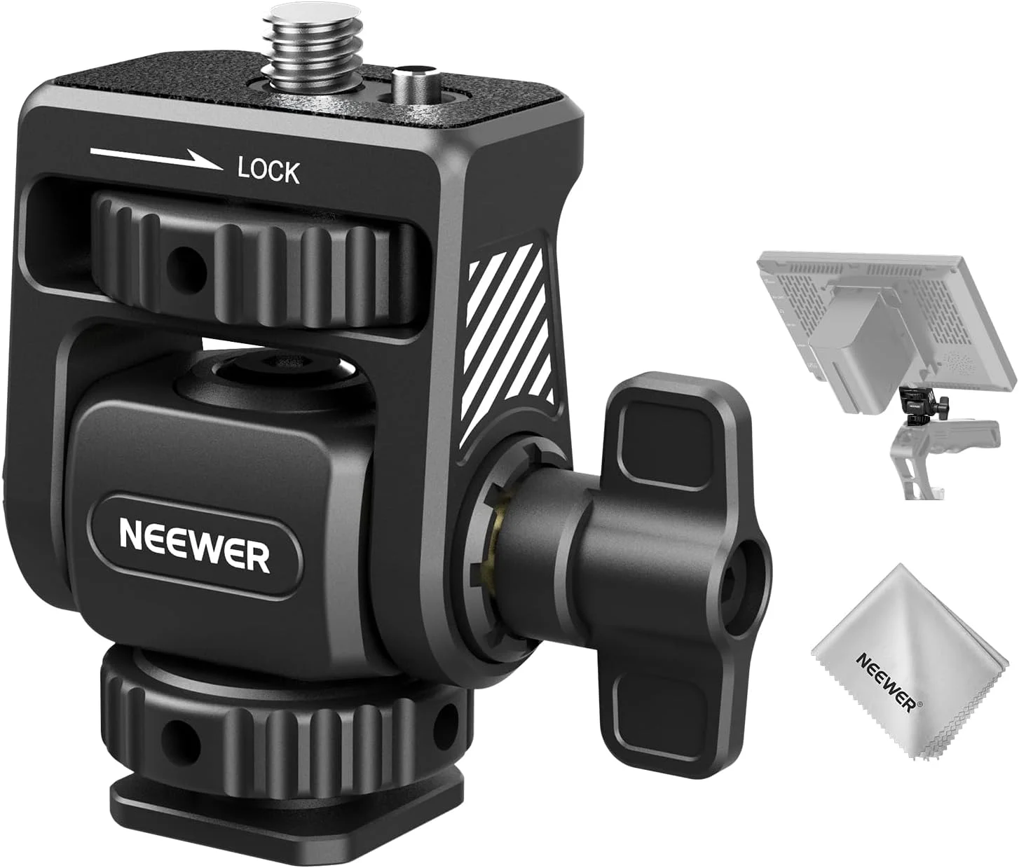 نگهدارنده مانیتور صحرایی NEEWER با آداپتور کفشک سرد چرخش 360 درجه شیب 180 درجه پیچ ضد پیچش/پارچه تمیز کننده، سازگار با مانیتور دوربین Atomos Ninja 5 اینچ/7 اینچ سازگار با قفس دوربین SmallRig، MA019