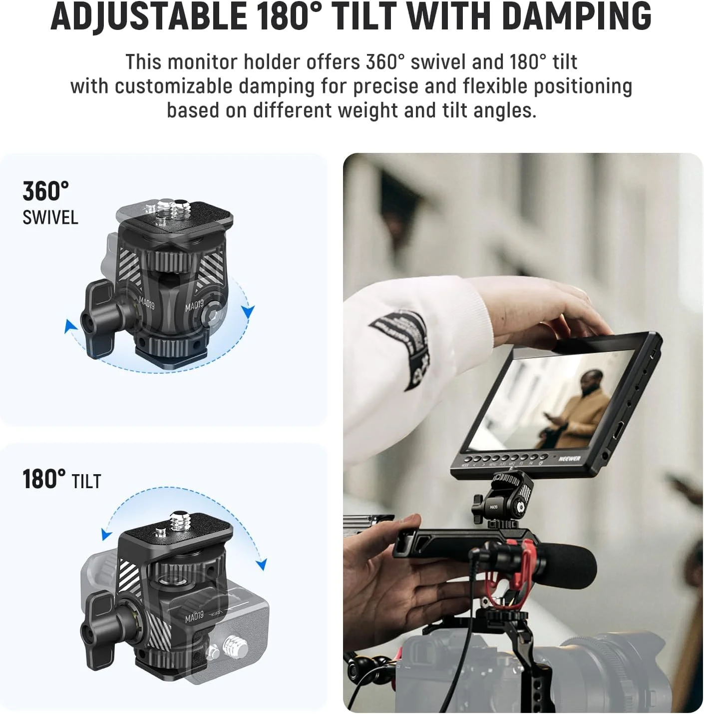 نگهدارنده مانیتور صحرایی NEEWER با آداپتور کفشک سرد چرخش 360 درجه شیب 180 درجه پیچ ضد پیچش/پارچه تمیز کننده، سازگار با مانیتور دوربین Atomos Ninja 5 اینچ/7 اینچ سازگار با قفس دوربین SmallRig، MA019 نگهدارنده مانیتور صحرایی NEEWER با آداپتور کفشک سرد چرخش 360 درجه شیب 180 درجه پیچ ضد پیچش/پارچه تمیز کننده، سازگار با مانیتور دوربین Atomos Ninja 5 اینچ/7 اینچ سازگار با قفس دوربین SmallRig، MA019