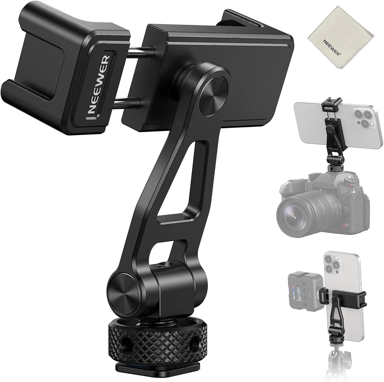 نگهدارنده سه پایه گوشی قابل تنظیم نیور با کفشک سرد، رزوه ¼ اینچی، چرخش ۳۶۰ درجه و شیب ۱۸۰ درجه به همراه دستمال تمیز کننده، سازگار با آیفون، سامسونگ، اندروید و قفس دوربین برای ضبط ویدیو، مدل GA010