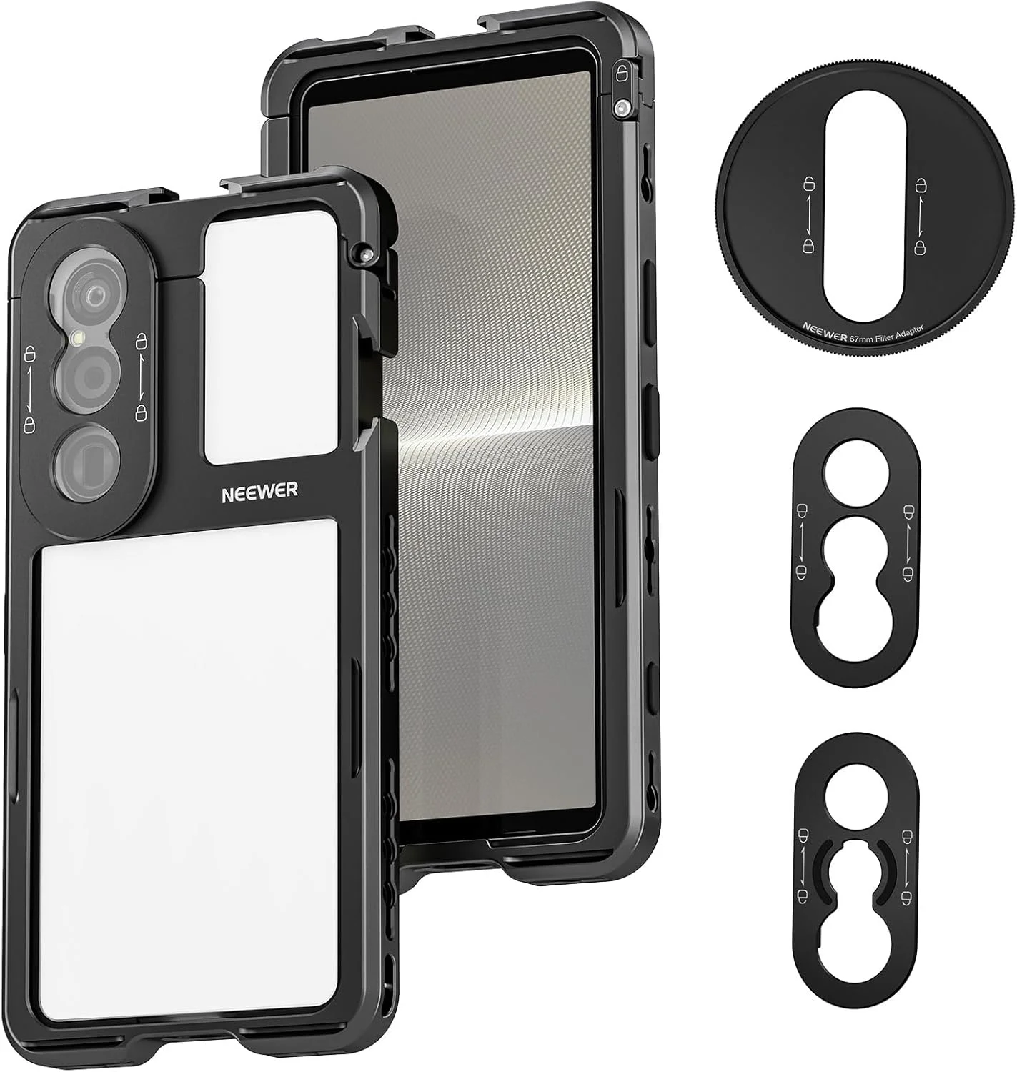 محافظ قفسه‌ای گوشی NEEWER Xperia 1 V، نگهدارنده تثبیت کننده تلفن با رهاسازی سریع برای ضبط فیلم، آداپتور فیلتر 67 میلی‌متری، صفحه پشتی لنز 17 میلی‌متری، صفحه پشتی لنز T Mount سازگار با Moment Sony، مدل PA087
