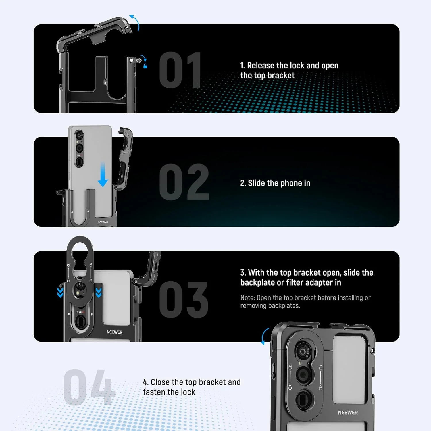 محافظ قفسه‌ای گوشی NEEWER Xperia 1 V، نگهدارنده تثبیت کننده تلفن با رهاسازی سریع برای ضبط فیلم، آداپتور فیلتر 67 میلی‌متری، صفحه پشتی لنز 17 میلی‌متری، صفحه پشتی لنز T Mount سازگار با Moment Sony، مدل PA087