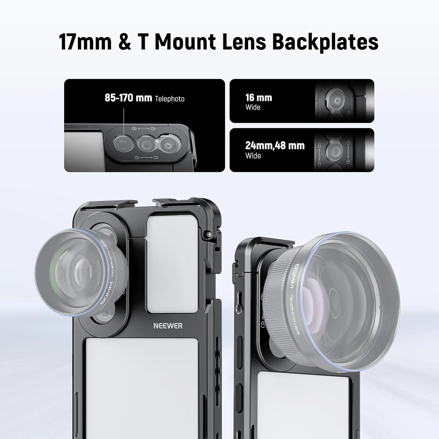 محافظ قفسه‌ای گوشی NEEWER Xperia 1 V، نگهدارنده تثبیت کننده تلفن با رهاسازی سریع برای ضبط فیلم، آداپتور فیلتر 67 میلی‌متری، صفحه پشتی لنز 17 میلی‌متری، صفحه پشتی لنز T Mount سازگار با Moment Sony، مدل PA087