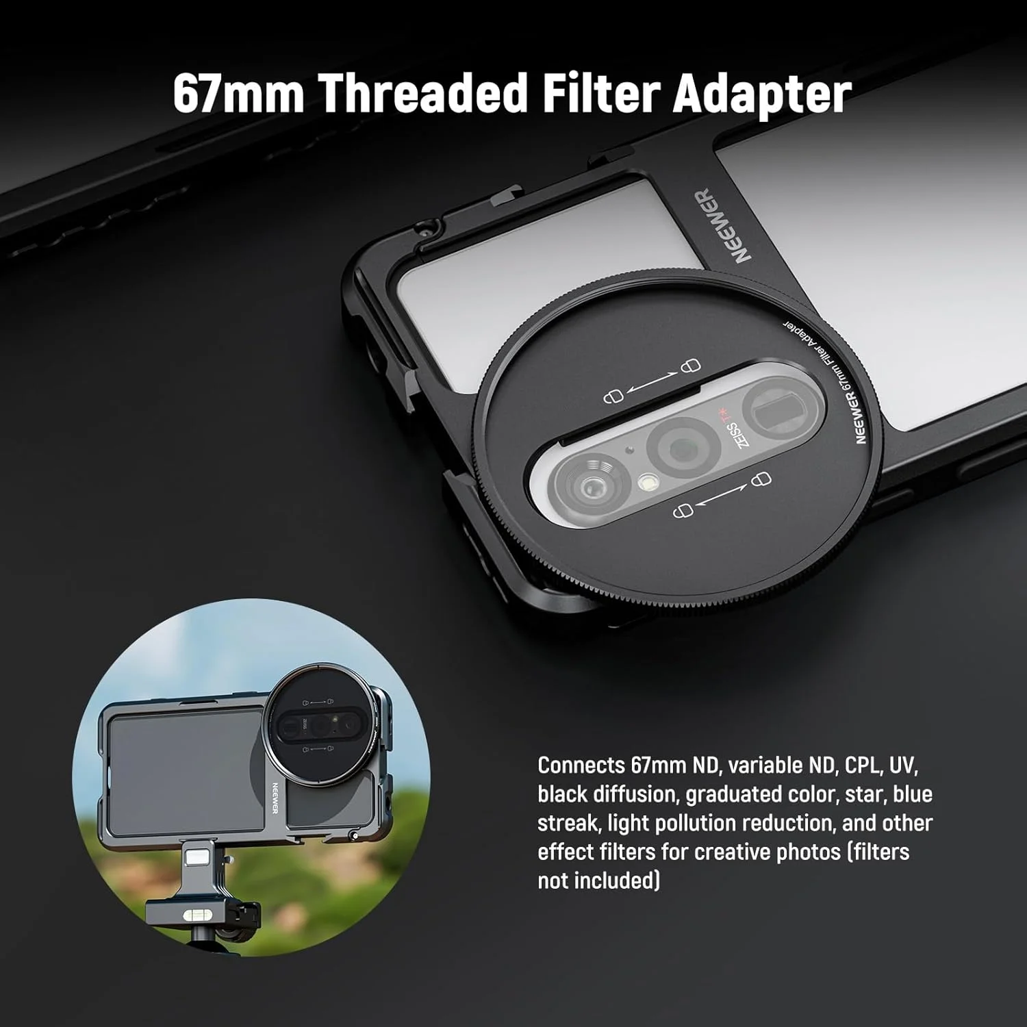 محافظ قفسه‌ای گوشی NEEWER Xperia 1 V، نگهدارنده تثبیت کننده تلفن با رهاسازی سریع برای ضبط فیلم، آداپتور فیلتر 67 میلی‌متری، صفحه پشتی لنز 17 میلی‌متری، صفحه پشتی لنز T Mount سازگار با Moment Sony، مدل PA087