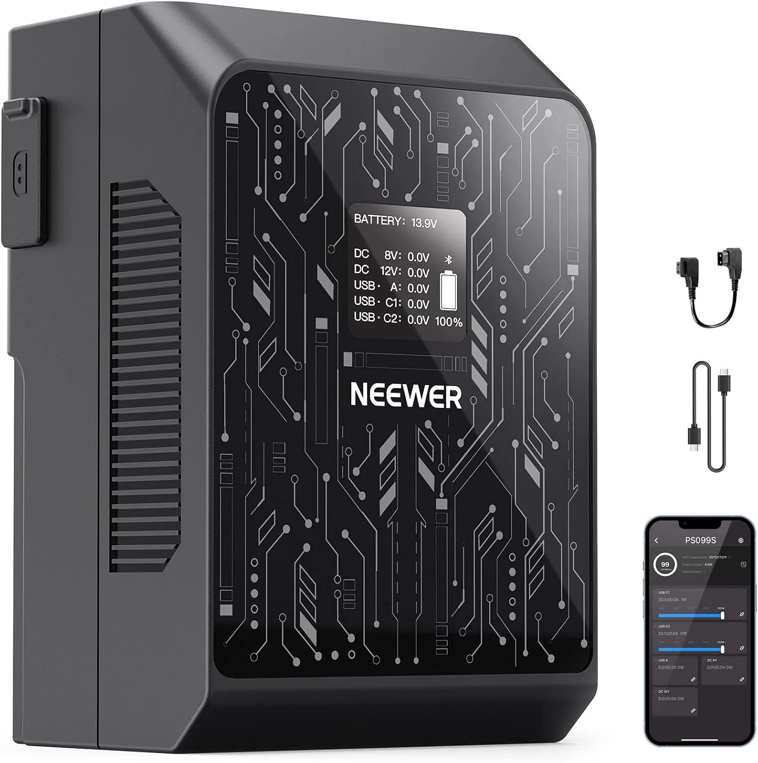 باتری مینی V-Mount نیوئر با کنترل هوشمند از طریق اپلیکیشن، 6800mAh 99Wh 14.5V 100W PD شارژ سریع، OLED، منبع تغذیه پشتیبان سازگار با BMPCC 4k 6k، USB C برای مانیتور دوربین و نور ویدئو، PS099S