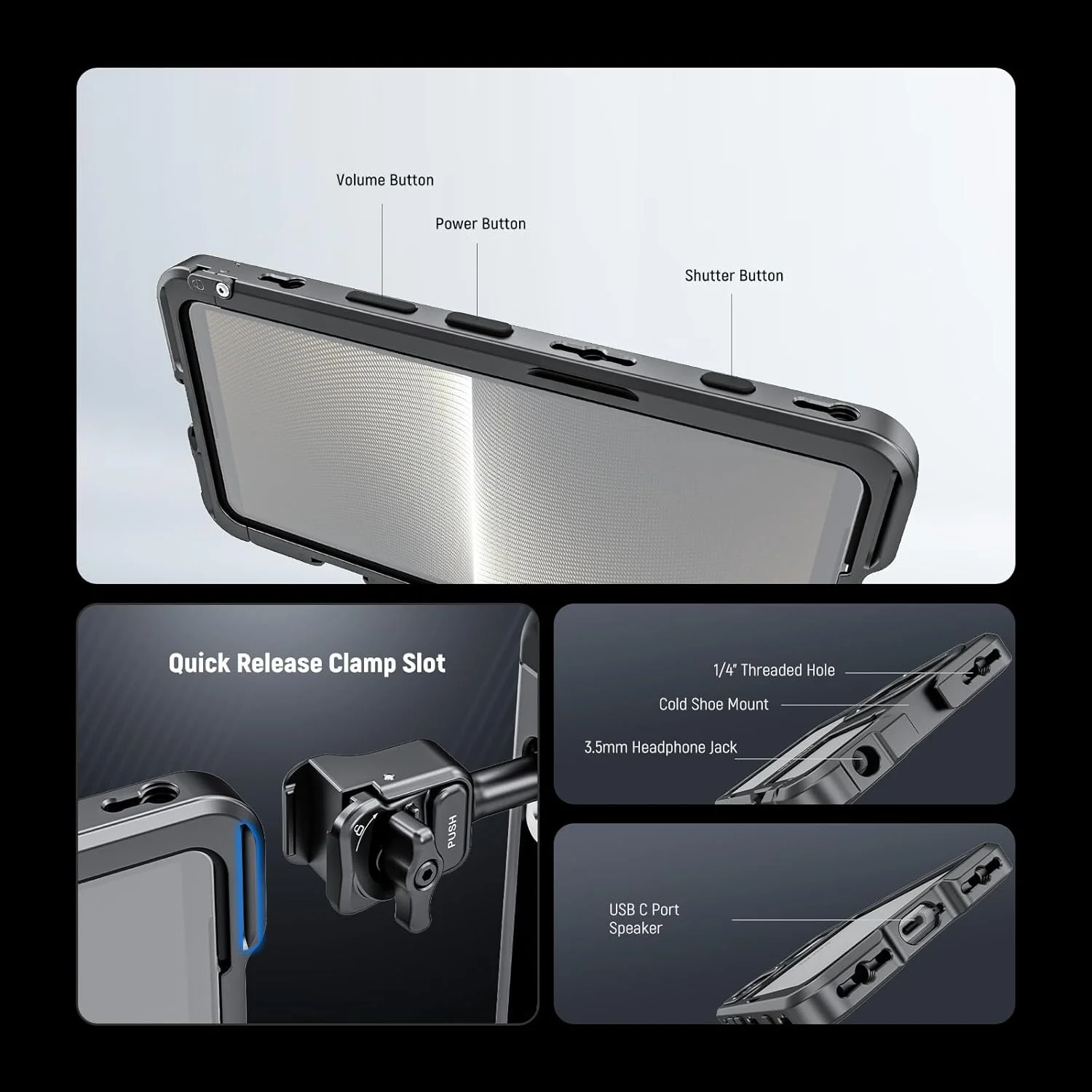 محافظ قفسه‌ای گوشی NEEWER Xperia 1 V، نگهدارنده تثبیت کننده تلفن با رهاسازی سریع برای ضبط فیلم، آداپتور فیلتر 67 میلی‌متری، صفحه پشتی لنز 17 میلی‌متری، صفحه پشتی لنز T Mount سازگار با Moment Sony، مدل PA087