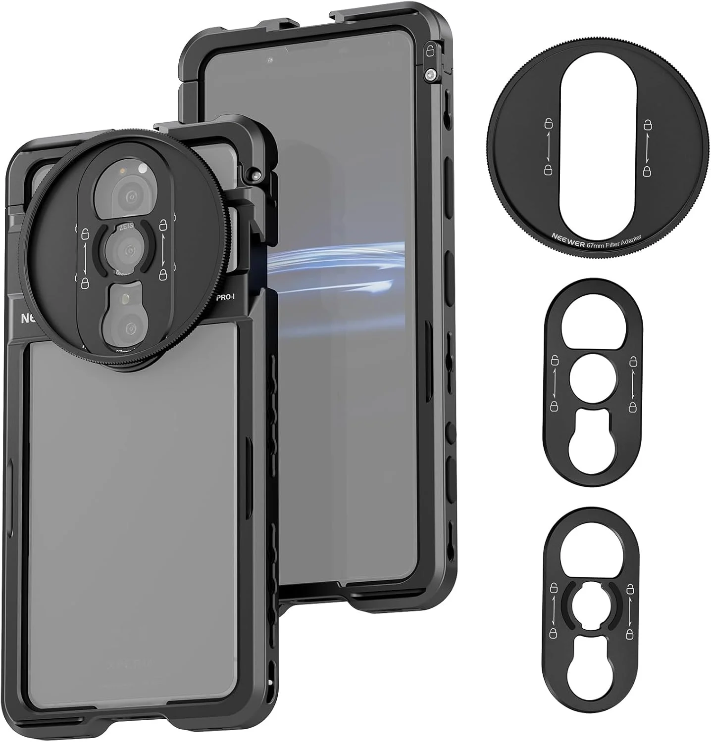 محافظ تلفن همراه NEEWER Xperia PRO-I، قفس فیلمبرداری با رهاسازی سریع، نگهدارنده تثبیت کننده تلفن برای ضبط فیلم، آداپتور فیلتر 67 میلی متری، صفحه پشتی لنز 17 میلی متری، صفحه پشتی T Mount سازگار با Moment Sony، PA086