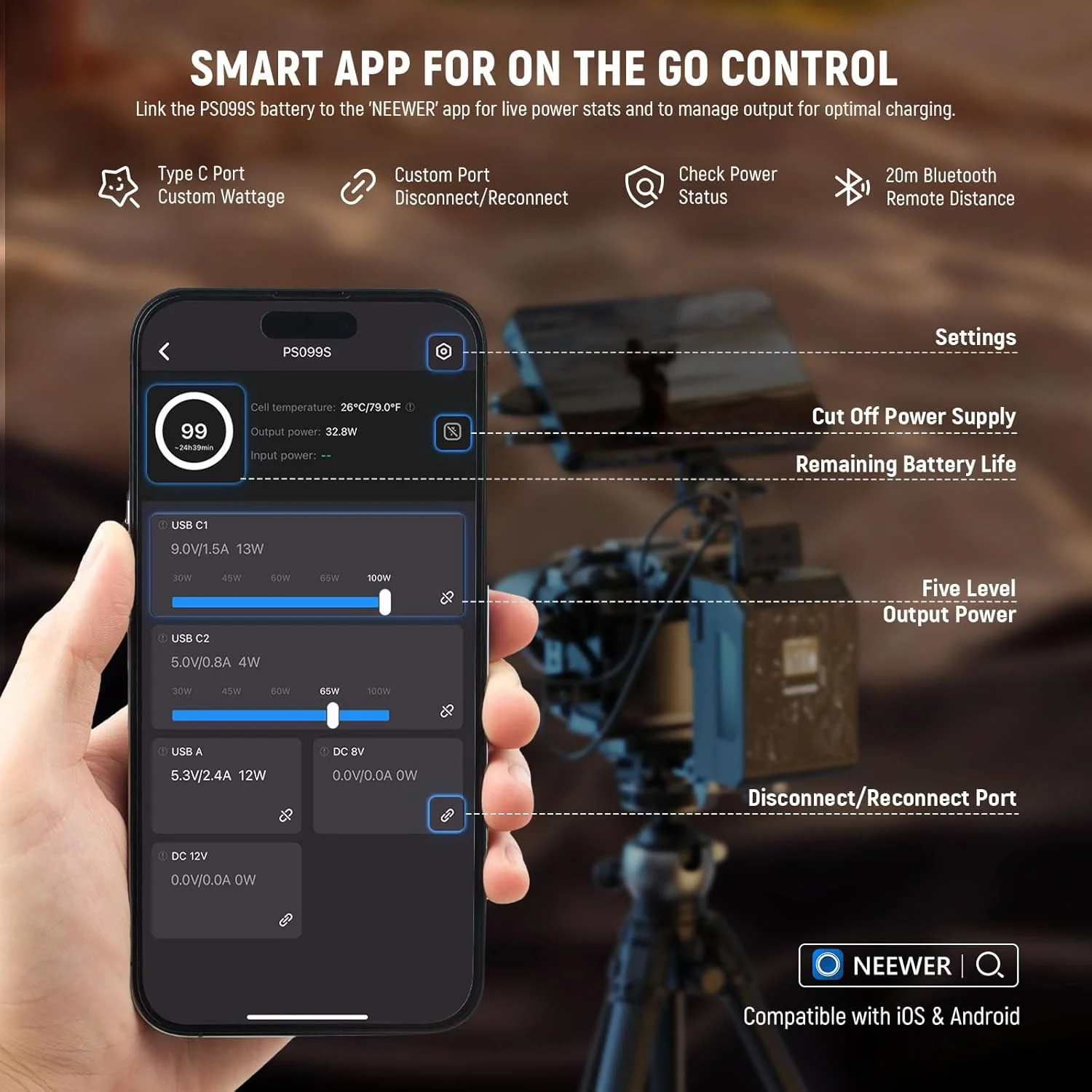 باتری مینی V-Mount نیوئر با کنترل هوشمند از طریق اپلیکیشن، 6800mAh 99Wh 14.5V 100W PD شارژ سریع، OLED، منبع تغذیه پشتیبان سازگار با BMPCC 4k 6k، USB C برای مانیتور دوربین و نور ویدئو، PS099S باتری مینی V-Mount نیوئر با کنترل هوشمند از طریق اپلیکیشن، 6800mAh 99Wh 14.5V 100W PD شارژ سریع، OLED، منبع تغذیه پشتیبان سازگار با BMPCC 4k 6k، USB C برای مانیتور دوربین و نور ویدئو، PS099S