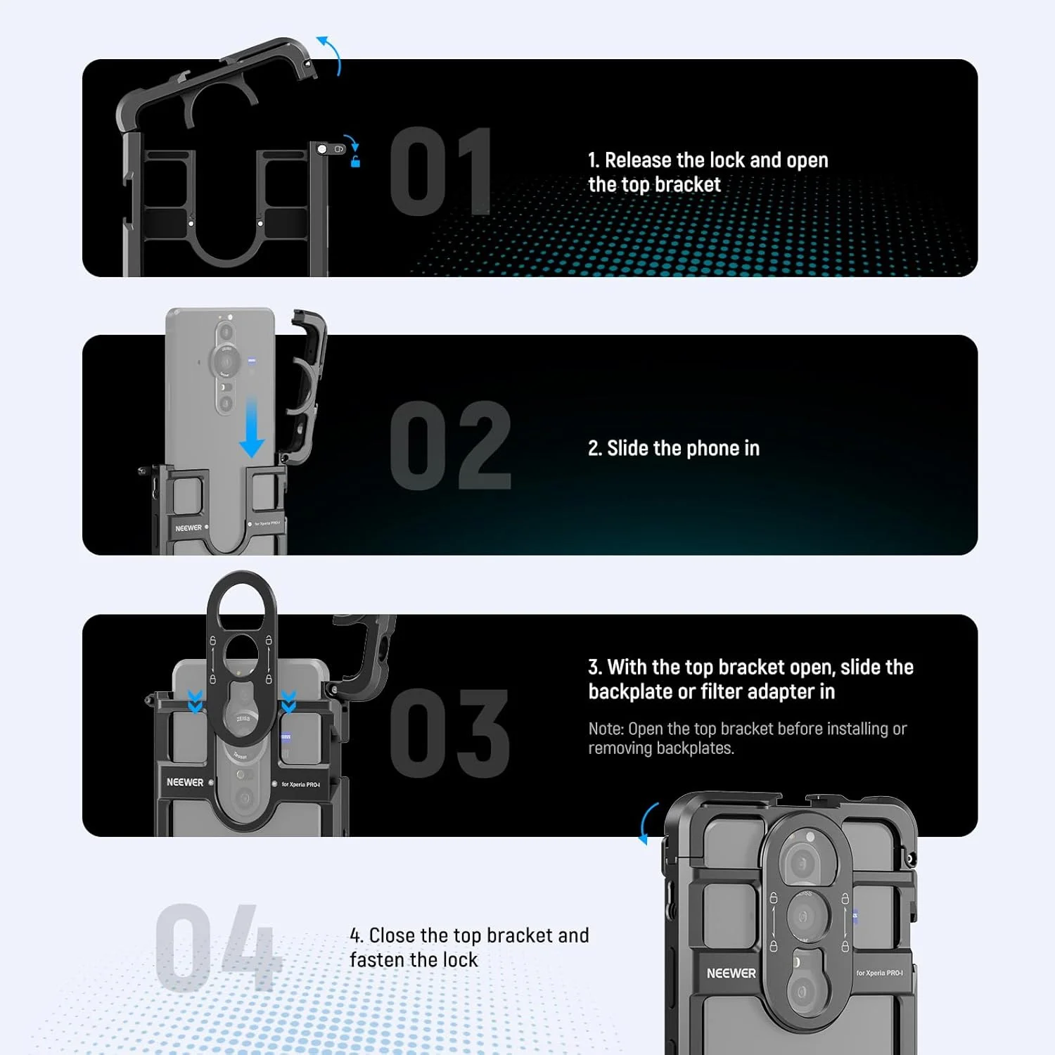 محافظ تلفن همراه NEEWER Xperia PRO-I، قفس فیلمبرداری با رهاسازی سریع، نگهدارنده تثبیت کننده تلفن برای ضبط فیلم، آداپتور فیلتر 67 میلی متری، صفحه پشتی لنز 17 میلی متری، صفحه پشتی T Mount سازگار با Moment Sony، PA086