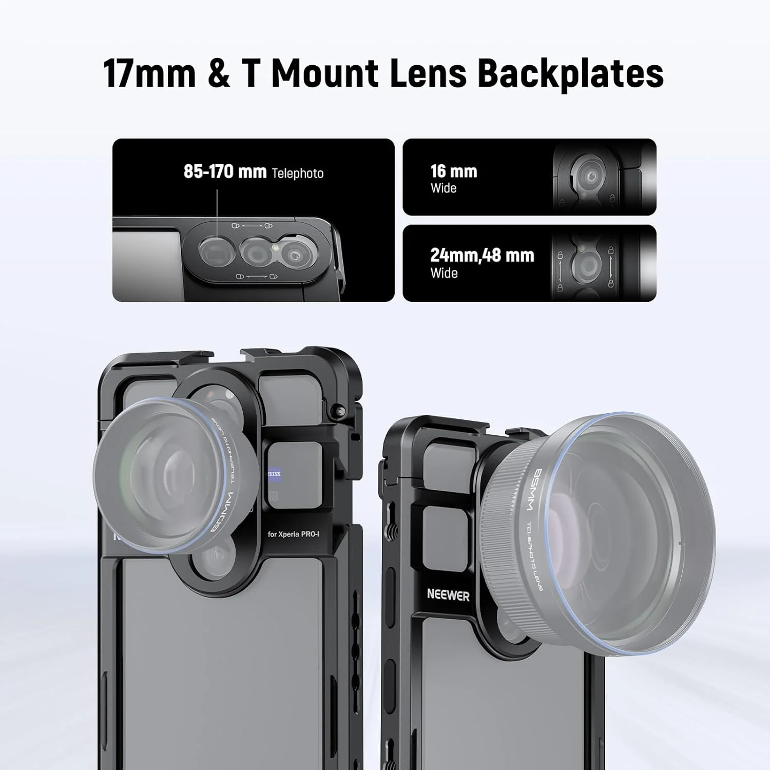 محافظ تلفن همراه NEEWER Xperia PRO-I، قفس فیلمبرداری با رهاسازی سریع، نگهدارنده تثبیت کننده تلفن برای ضبط فیلم، آداپتور فیلتر 67 میلی متری، صفحه پشتی لنز 17 میلی متری، صفحه پشتی T Mount سازگار با Moment Sony، PA086