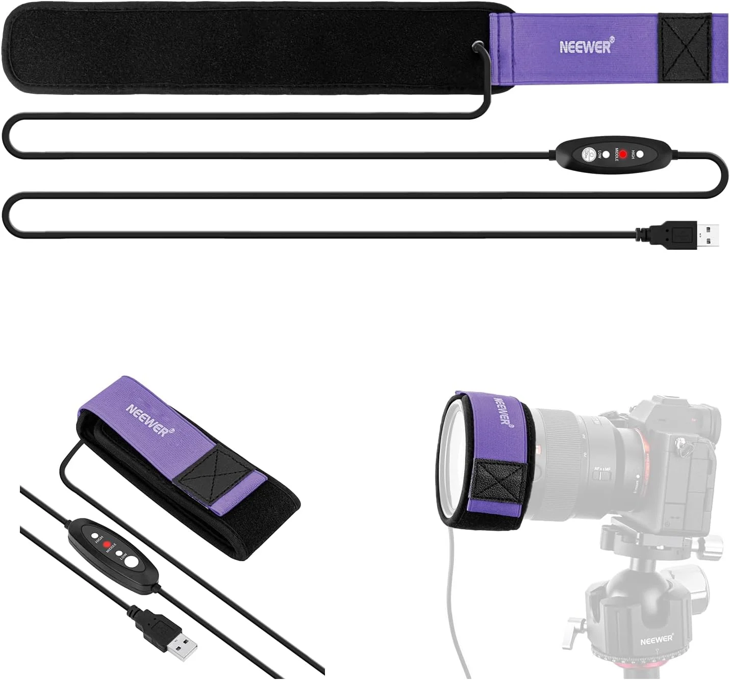 گرمکن لنز USB نیوئر 400 میلی‌متری برای دوربین و تلسکوپ، نوار گرمکن ضد شبنم با 3 سطح دما، جلوگیری از تراکم مه و شبنم برای دوربین‌های DSLR بدون آینه، دوربین دوچشمی و عکاسی نجومی، مدل HW-29B