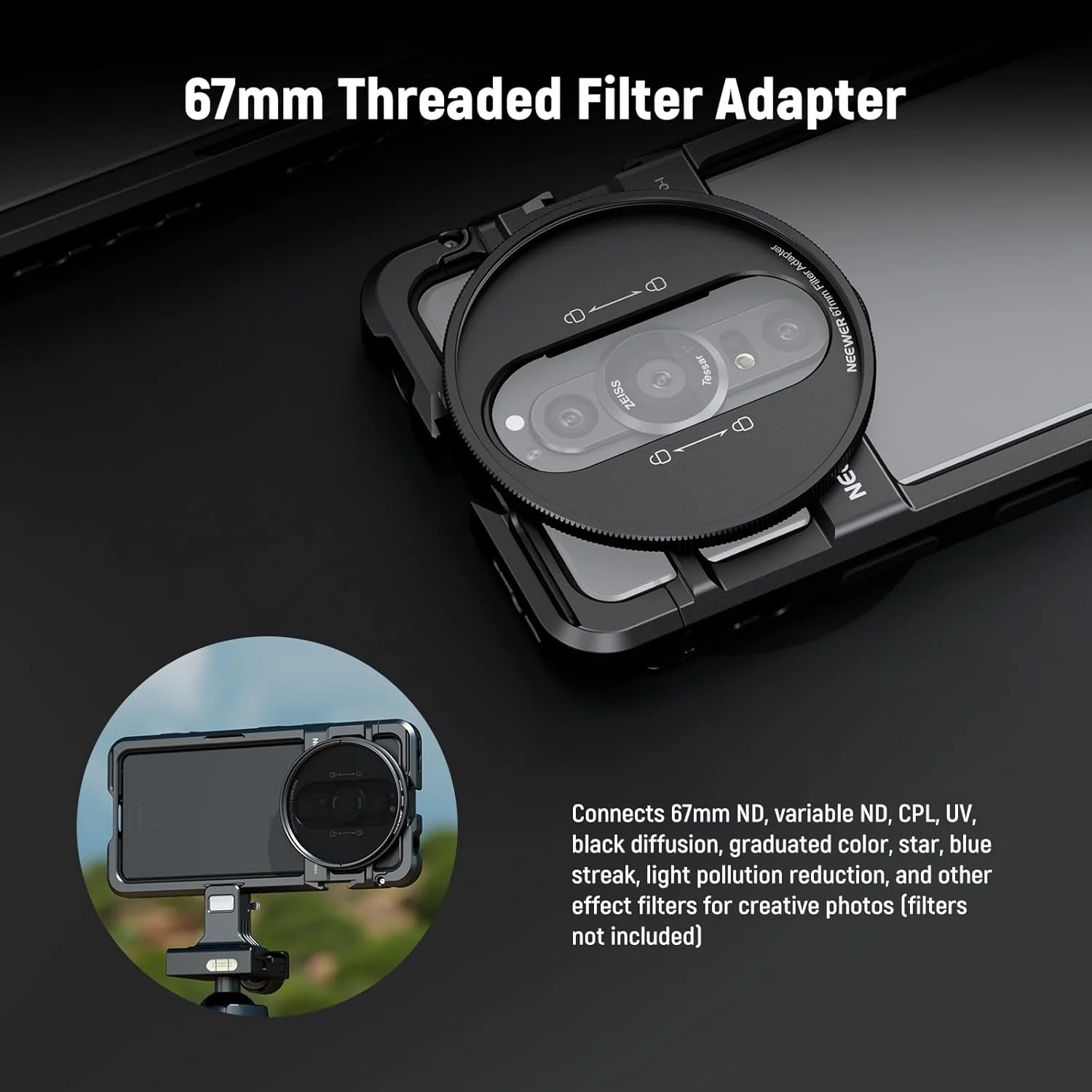 محافظ تلفن همراه NEEWER Xperia PRO-I، قفس فیلمبرداری با رهاسازی سریع، نگهدارنده تثبیت کننده تلفن برای ضبط فیلم، آداپتور فیلتر 67 میلی متری، صفحه پشتی لنز 17 میلی متری، صفحه پشتی T Mount سازگار با Moment Sony، PA086