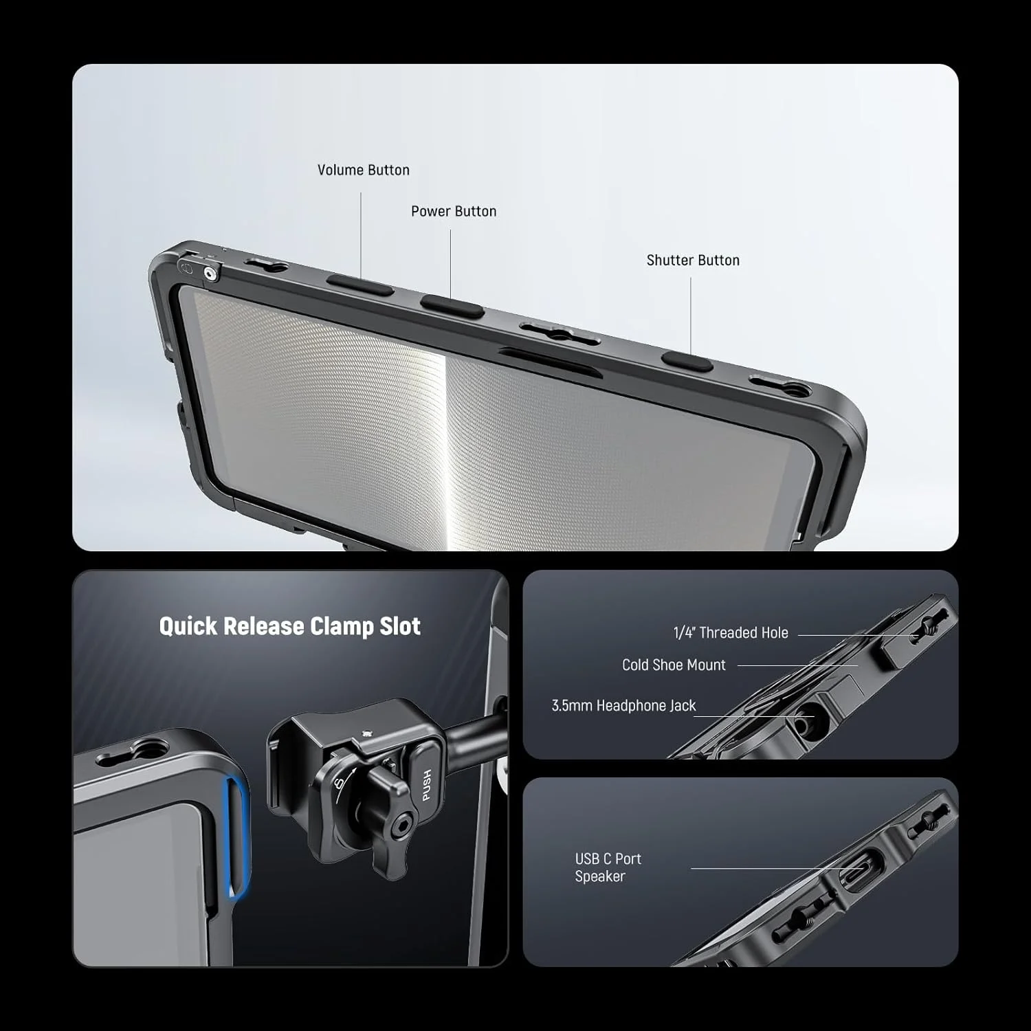 محافظ تلفن همراه NEEWER Xperia PRO-I، قفس فیلمبرداری با رهاسازی سریع، نگهدارنده تثبیت کننده تلفن برای ضبط فیلم، آداپتور فیلتر 67 میلی متری، صفحه پشتی لنز 17 میلی متری، صفحه پشتی T Mount سازگار با Moment Sony، PA086