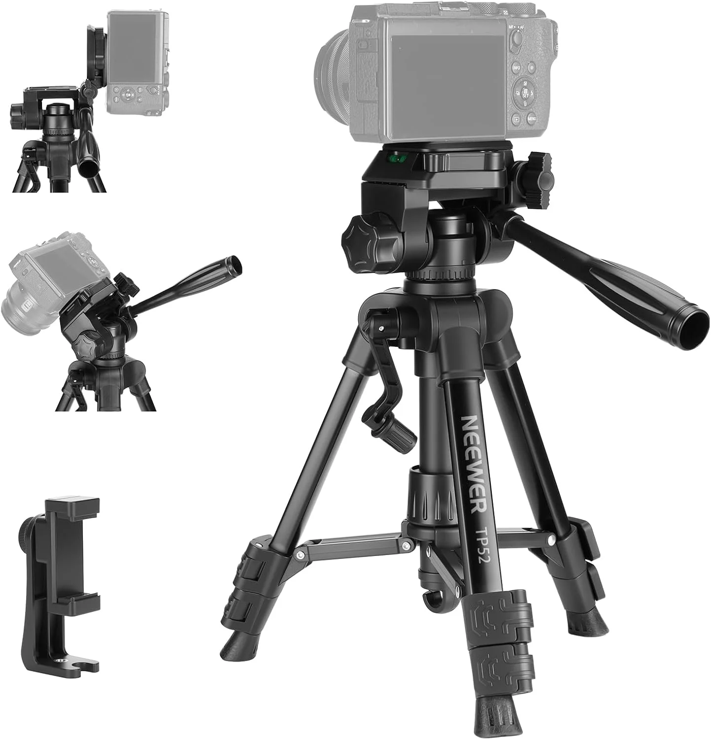 سه پایه رومیزی کوچک NEEWER سطح ورودی برای دوربین، پایه کوچک و جمع و جور قابل حمل دوربین فیلمبرداری DSLR، نگهدارنده تلفن همراه با سر سه طرفه، سازگار با آیفون برای ضبط ویدیو، TP52