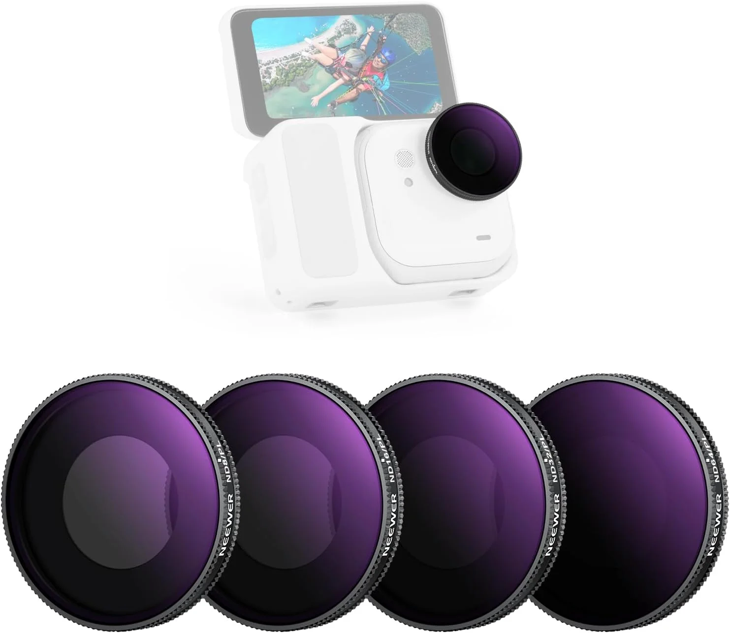 مجموعه فیلتر پلاریزه ND نیور سازگار با Insta360 GO Ultra (ND8/PL ND16/PL ND32/PL ND64/PL)، فیلتر لنز پلاریزه تراکم خنثی پیچی، لوازم جانبی دوربین اکشن شیشه ای اپتیکال HD، FL-C52