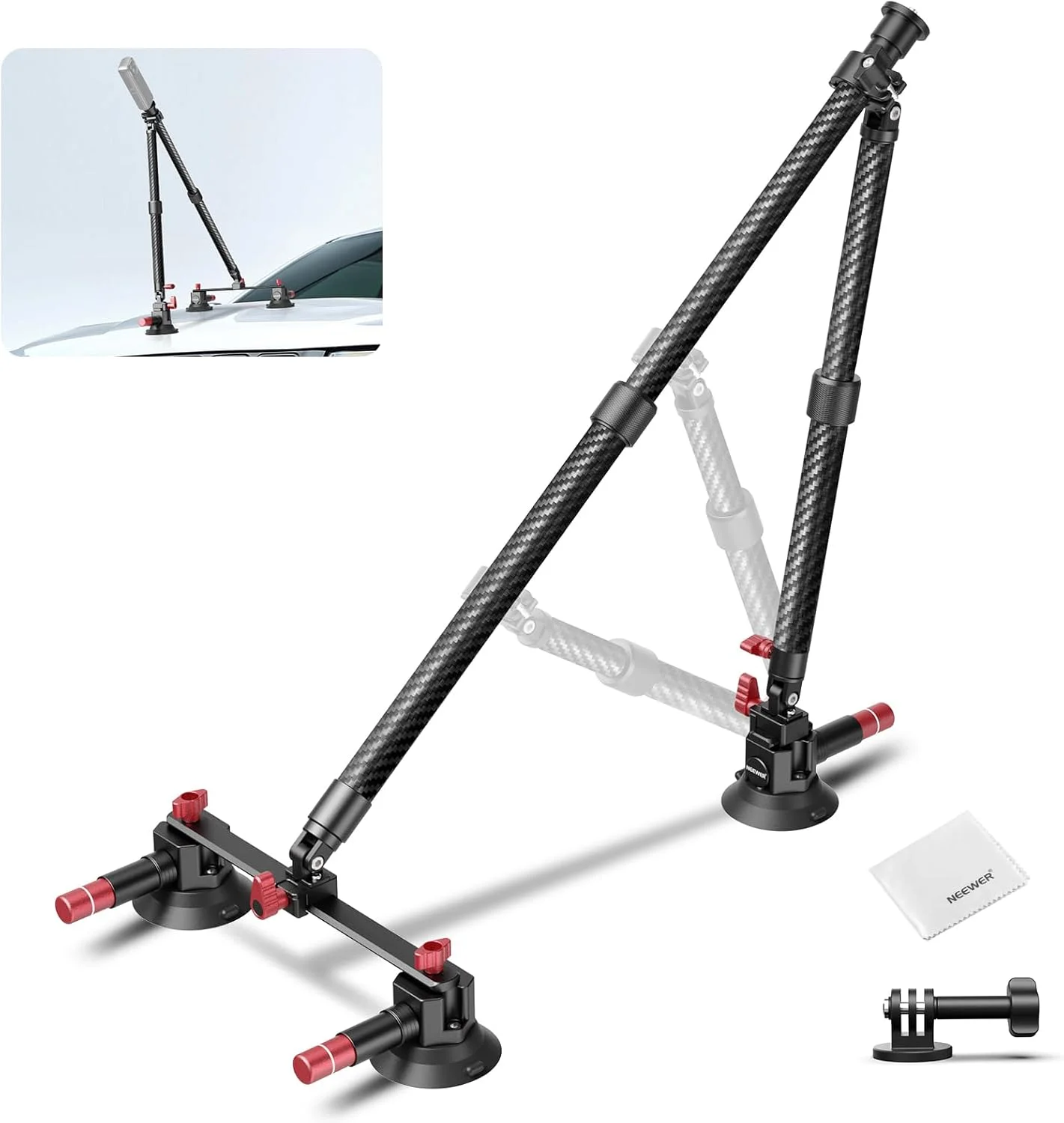 پایه نگهدارنده دوربین خودرو با سه پایه مکنده نیور، پایه دوربین فیبر کربنی با آداپتور دوربین اکشن سازگار با GoPro Insta360، ریل ناتو و میله افزایش طول 24 اینچی/دستمال تمیز کننده، حداکثر وزن قابل تحمل 1 کیلوگرم، CA136