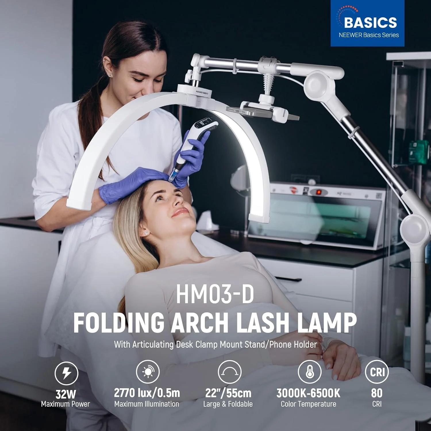 چراغ نیمه ماه مژه ای NEEWER BASICS 22 اینچی با پایه گیره رومیزی مفصلی/نگهدارنده تلفن، لامپ قوسی تاشو LED برای میز ناخن برای آرایش، زیبایی، تاتو، ضبط ویدیویی از بالا، HM03-D