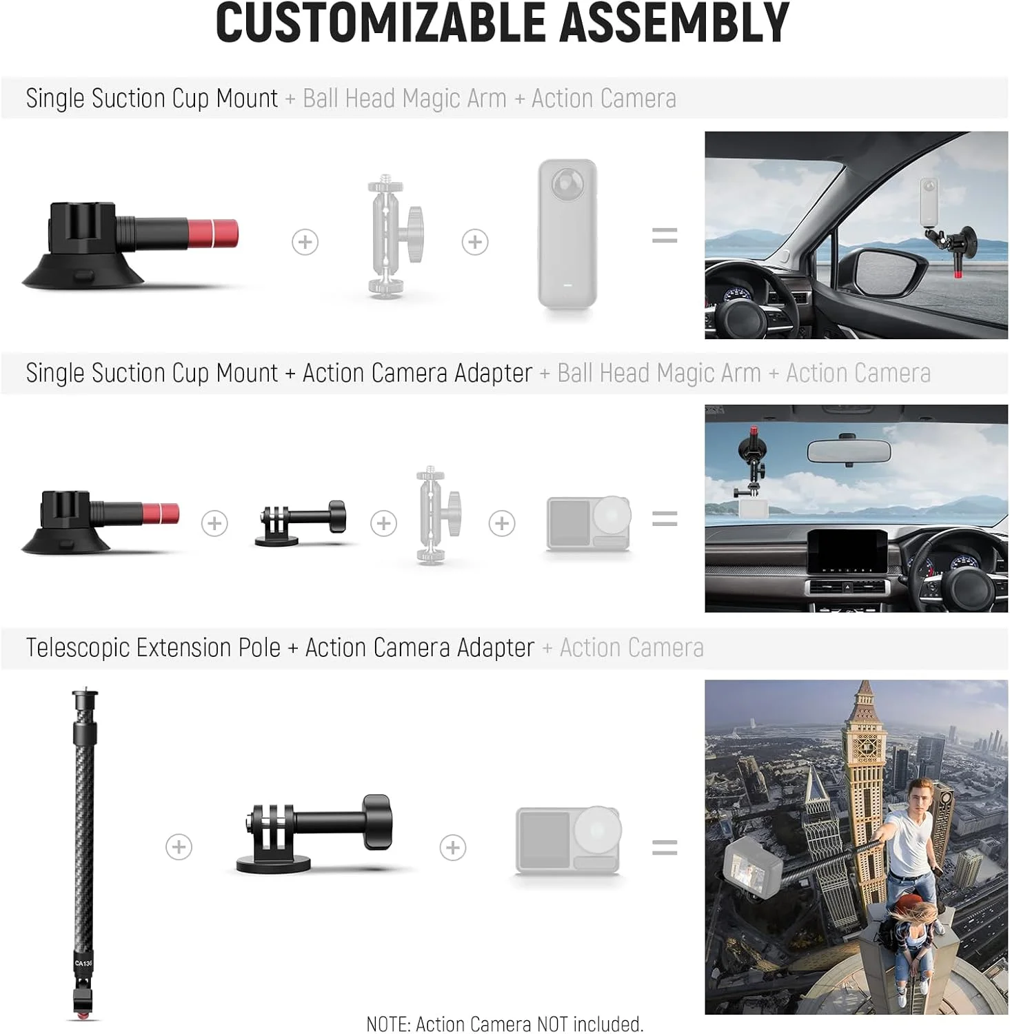 پایه نگهدارنده دوربین خودرو با سه پایه مکنده نیور، پایه دوربین فیبر کربنی با آداپتور دوربین اکشن سازگار با GoPro Insta360، ریل ناتو و میله افزایش طول 24 اینچی/دستمال تمیز کننده، حداکثر وزن قابل تحمل 1 کیلوگرم، CA136