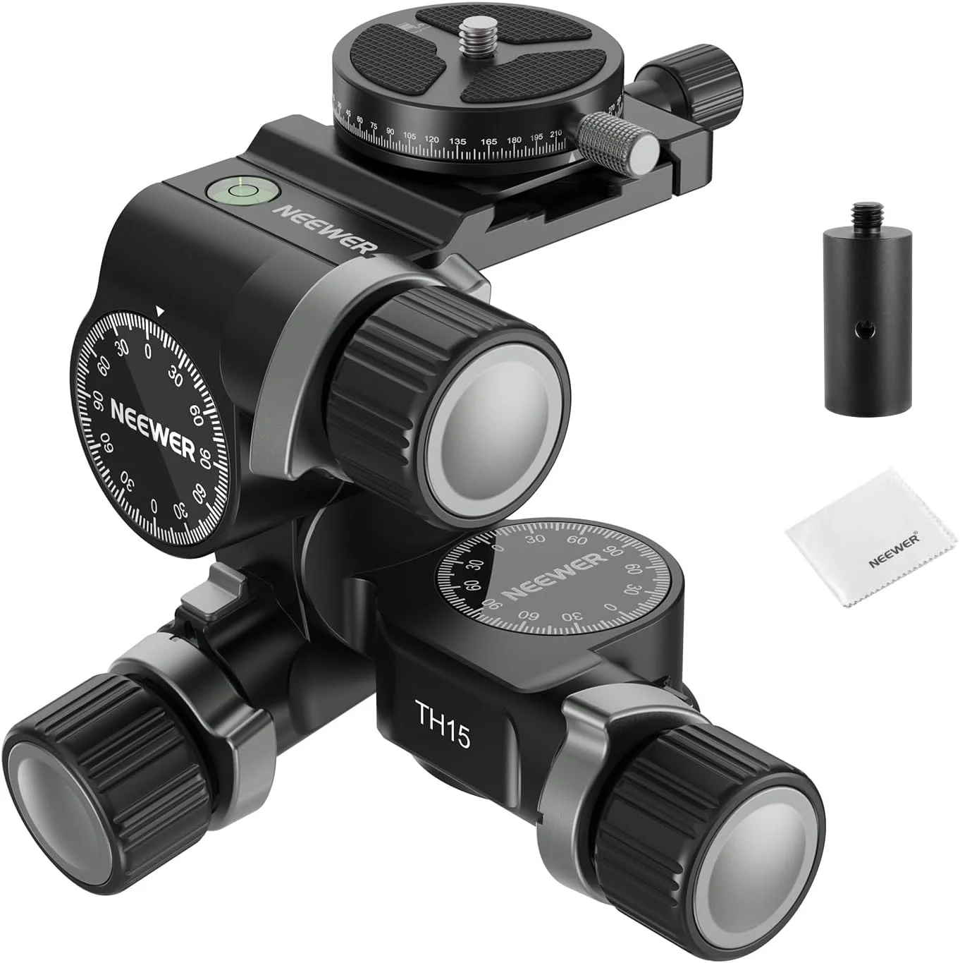 سه‌پایه NEEWER TH15 با سر سه جهته دنده ای، سر آلیاژ آلومینیومی پانوراما 3 محوره با حالت بزرگ و ظریف، صفحه QR آرک 360 درجه، تنظیم میلی متری، پارچه تمیز کننده، حداکثر 6 کیلوگرم