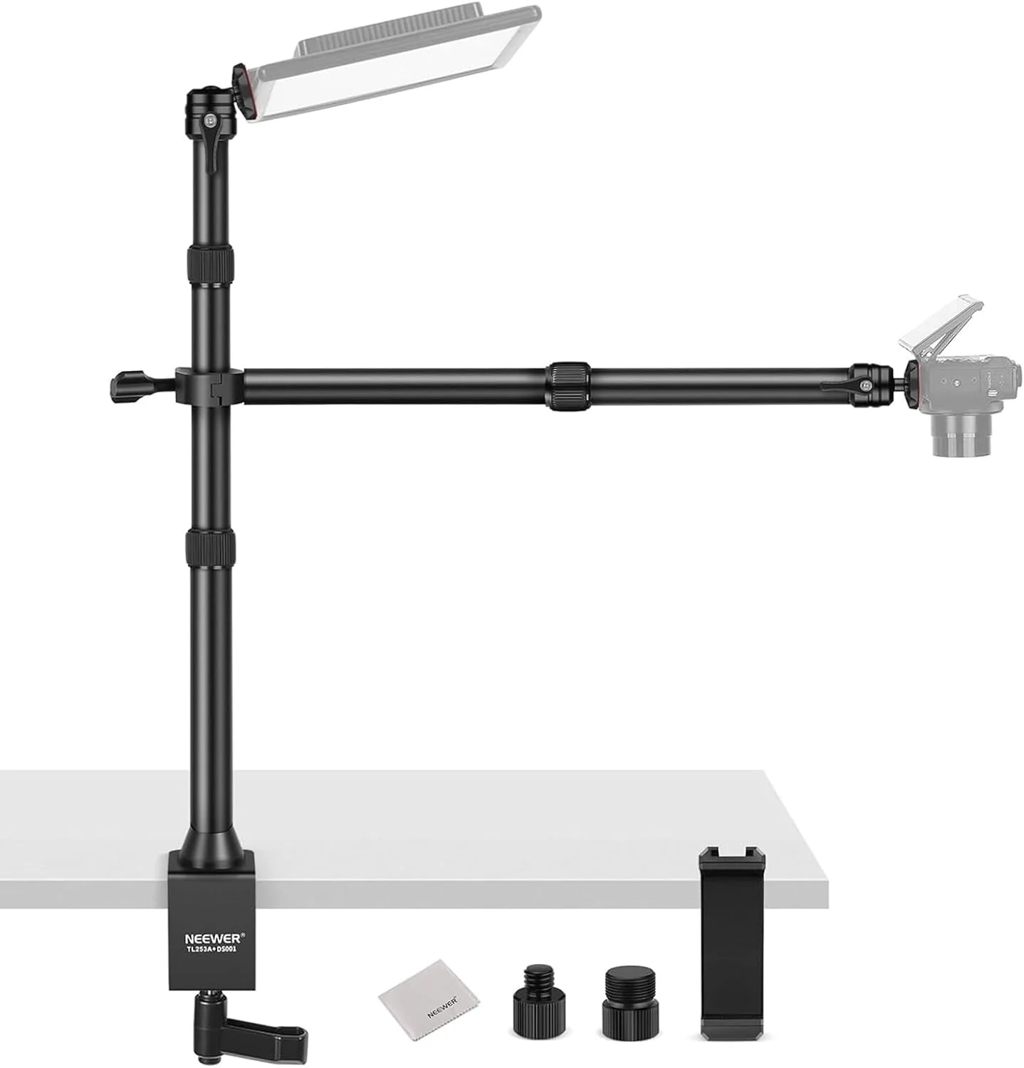 پایه رومیزی NEEWER با 2 بازوی تلسکوپی نگهدارنده تلفن برای میکروفون، دوربین، وب کم، رینگ لایت، پایه میکروفون رومیزی با گیره C، سر توپی، آداپتور پیچ، پارچه تمیز کننده، TL253A+DS001