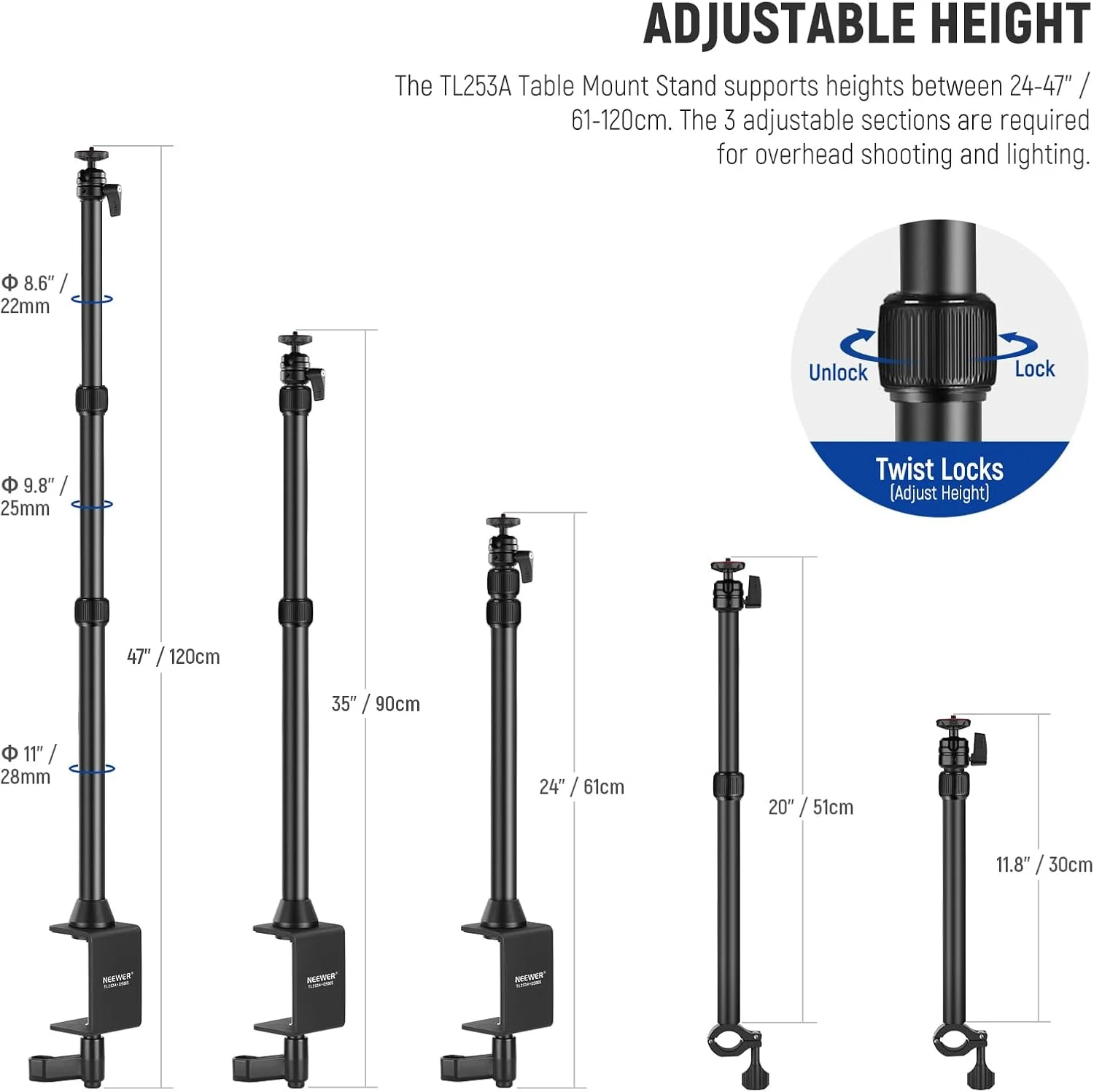 پایه رومیزی NEEWER با 2 بازوی تلسکوپی نگهدارنده تلفن برای میکروفون، دوربین، وب کم، رینگ لایت، پایه میکروفون رومیزی با گیره C، سر توپی، آداپتور پیچ، پارچه تمیز کننده، TL253A+DS001 پایه رومیزی NEEWER با 2 بازوی تلسکوپی نگهدارنده تلفن برای میکروفون، دوربین، وب کم، رینگ لایت، پایه میکروفون رومیزی با گیره C، سر توپی، آداپتور پیچ، پارچه تمیز کننده، TL253A+DS001