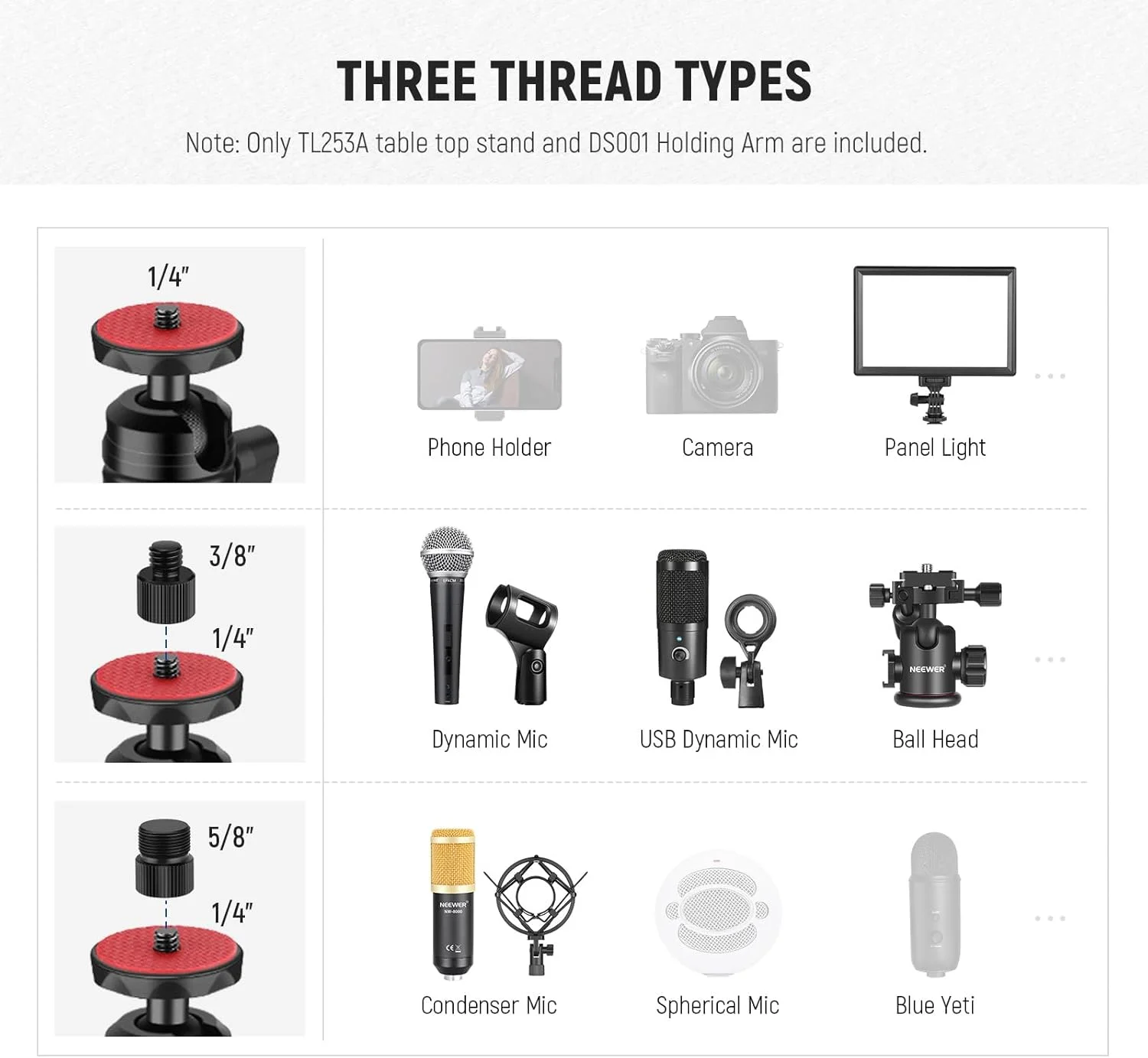 پایه رومیزی NEEWER با 2 بازوی تلسکوپی نگهدارنده تلفن برای میکروفون، دوربین، وب کم، رینگ لایت، پایه میکروفون رومیزی با گیره C، سر توپی، آداپتور پیچ، پارچه تمیز کننده، TL253A+DS001 پایه رومیزی NEEWER با 2 بازوی تلسکوپی نگهدارنده تلفن برای میکروفون، دوربین، وب کم، رینگ لایت، پایه میکروفون رومیزی با گیره C، سر توپی، آداپتور پیچ، پارچه تمیز کننده، TL253A+DS001