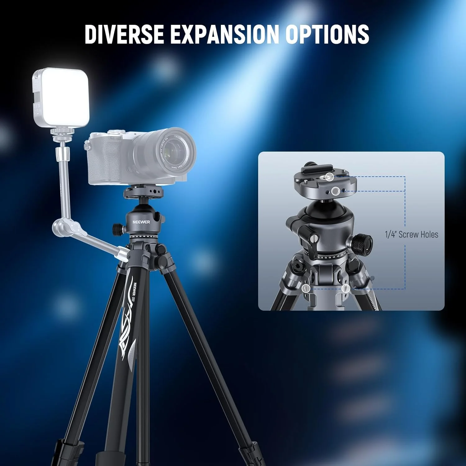 پایه سه پایه مسافرتی آلومینیومی 61 اینچی NEEWER LITETRIP LT07 برای دوربین با هد توپی کم ارتفاع، سازگار با صفحه QR Arca با صفحه سه پایه Peak Design V3، محور مرکزی دوگانه، حداکثر بار 10 کیلوگرم پایه سه پایه مسافرتی آلومینیومی 61 اینچی NEEWER LITETRIP LT07 برای دوربین با هد توپی کم ارتفاع، سازگار با صفحه QR Arca با صفحه سه پایه Peak Design V3، محور مرکزی دوگانه، حداکثر بار 10 کیلوگرم