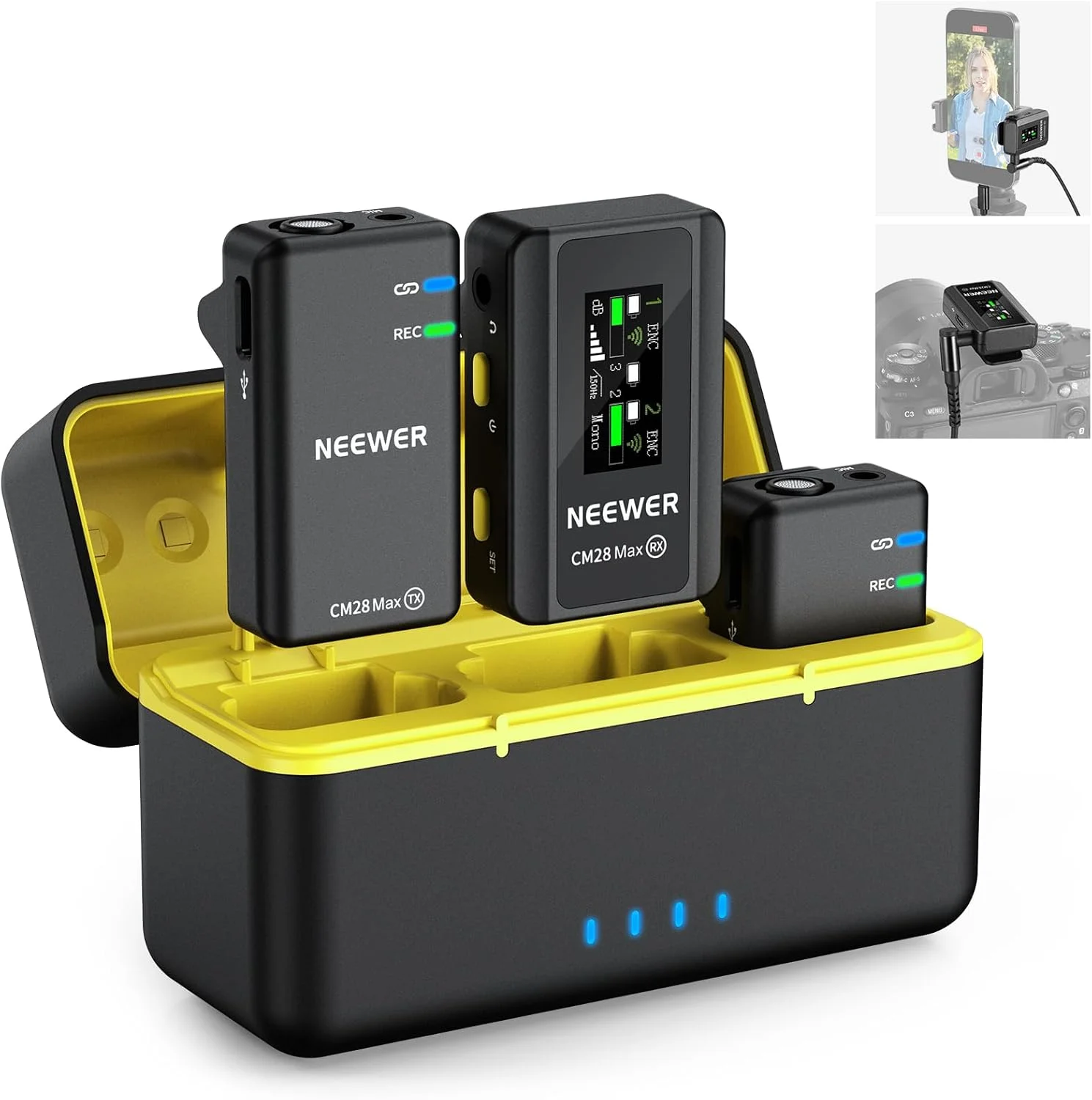 سیستم میکروفون یقه ای بی سیم NEEWER CM28 Max با جعبه شارژ، ضبط شناور بدون افت کیفیت 48 کیلوهرتز/24 بیت، کاهش نویز، حافظه 8 گیگابایتی، 25 ساعت عمر باتری، برد 300 متری برای آیفون، آیپد، اندروید، دوربین و کامپیوتر