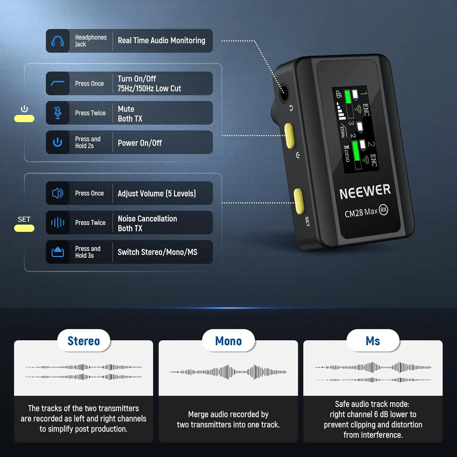 سیستم میکروفون یقه ای بی سیم NEEWER CM28 Max با جعبه شارژ، ضبط شناور بدون افت کیفیت 48 کیلوهرتز/24 بیت، کاهش نویز، حافظه 8 گیگابایتی، 25 ساعت عمر باتری، برد 300 متری برای آیفون، آیپد، اندروید، دوربین و کامپیوتر سیستم میکروفون یقه ای بی سیم NEEWER CM28 Max با جعبه شارژ، ضبط شناور بدون افت کیفیت 48 کیلوهرتز/24 بیت، کاهش نویز، حافظه 8 گیگابایتی، 25 ساعت عمر باتری، برد 300 متری برای آیفون، آیپد، اندروید، دوربین و کامپیوتر