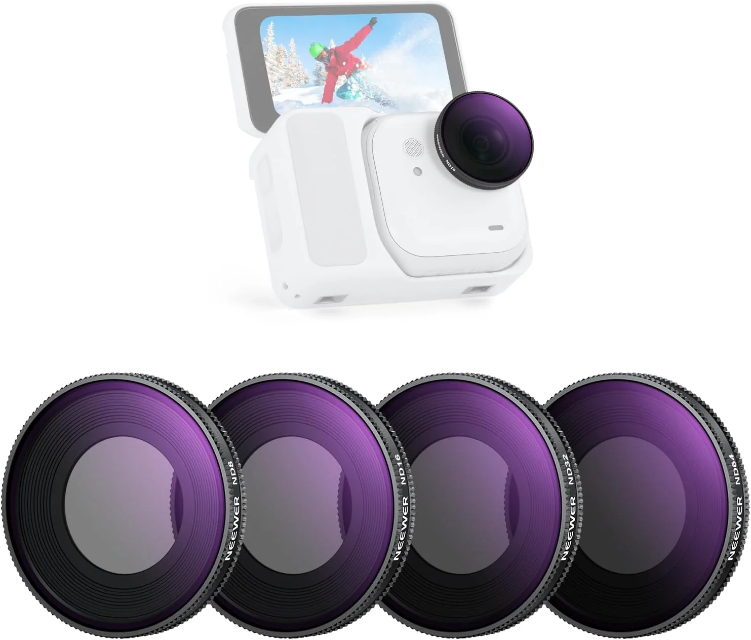 مجموعه فیلتر ND نیور سازگار با Insta360 GO Ultra (ND8/ND16/ND32/ND64)، کیت فیلتر لنز چگالی خنثی پیچی چند لایه شیشه ای اپتیکال HD فریم باریک لوازم جانبی دوربین اکشن، FL-C55