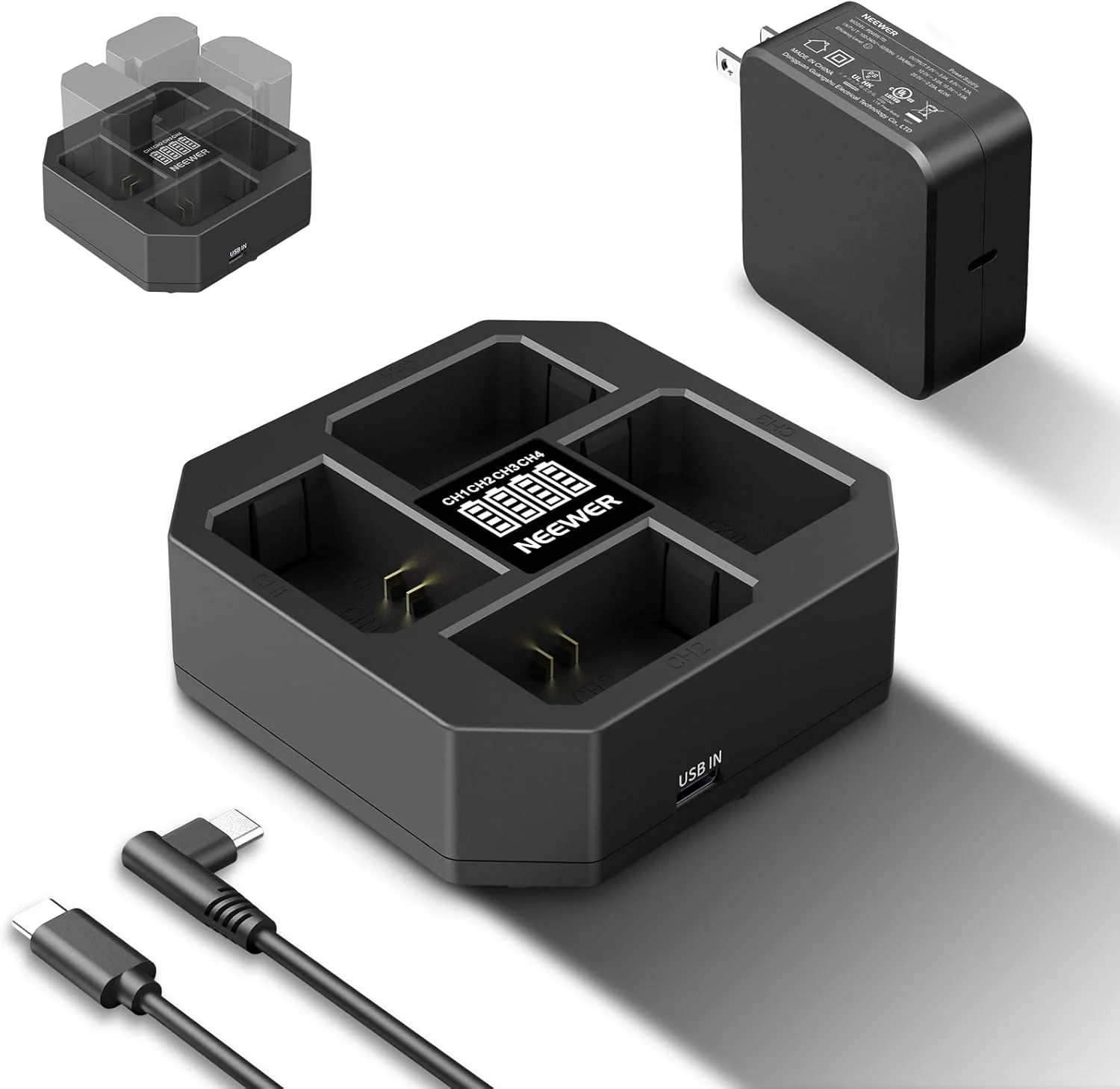 شارژر USB چهار کاناله NEEWER برای باتری دوربین NP-FZ100 سازگار با Sony A7IV A9iii A1 A7RV A7Cii A6700 ZV-E1 FX3 FX30، شارژ سریع 45 واتی PD با شارژر سریع 45 واتی PD، نمایشگر باتری، NW-Z4