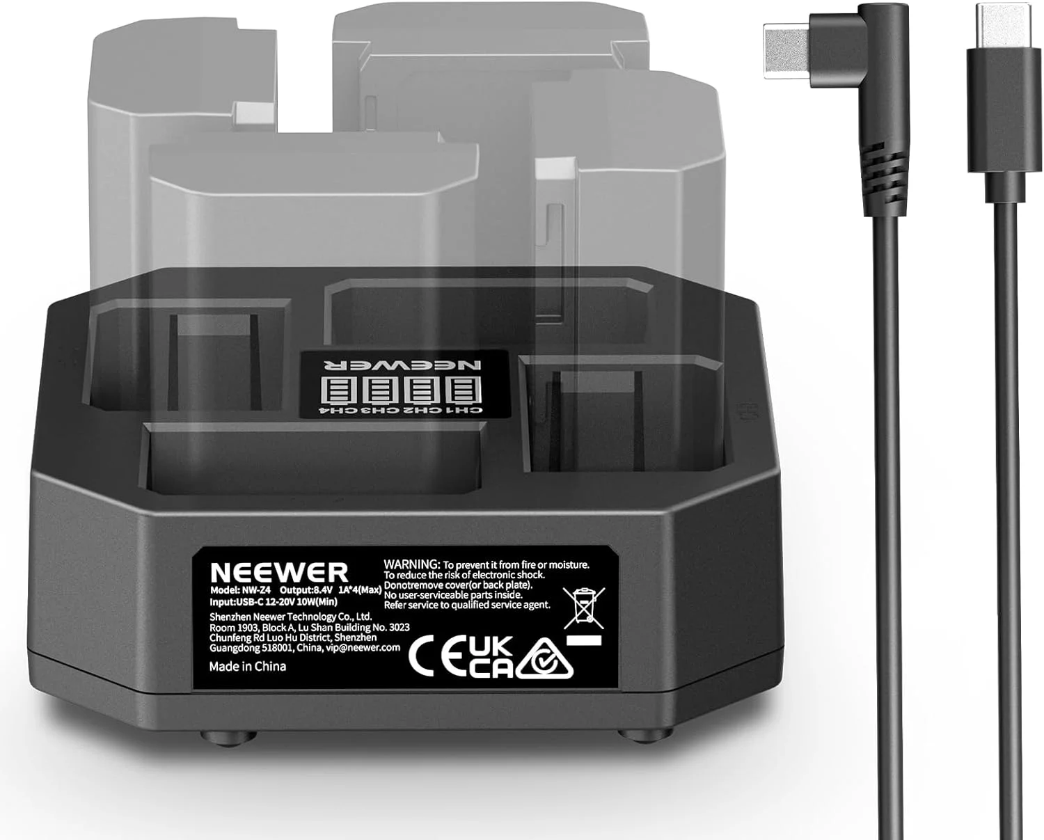 شارژر 4 کاناله NEEWER NP-FZ100 سازگار با Sony A7 IV A9iii A1 A7R V A7Cii A6700 ZV-E1 FX3 FX30، شارژر سریع 45 واتی PD NP-FZ100 با نمایشگر باتری، کابل 45 واتی USB C PD، NW-Z4