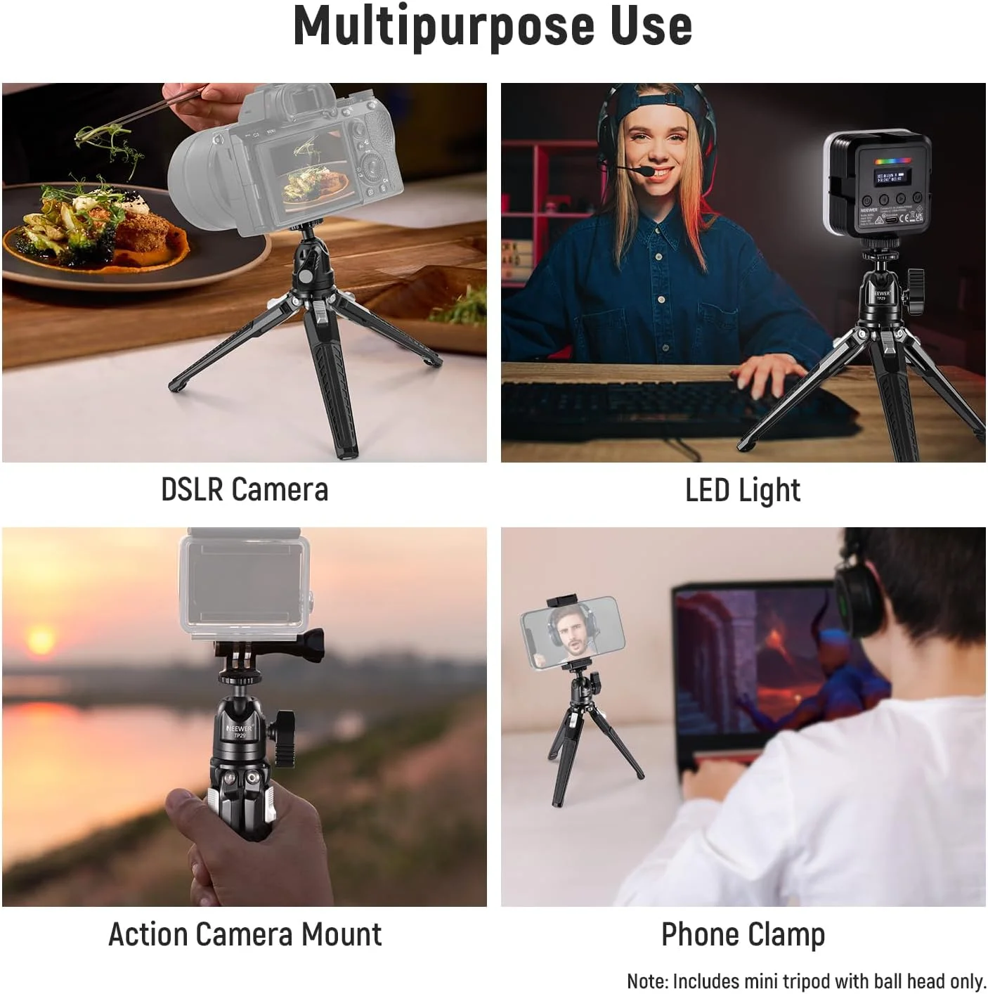 سه پایه رومیزی کوچک نیور، پایه سلفی استیک مسافرتی قابل حمل فلزی با سر توپی 360 درجه و پیچ 1/4 اینچی برای دوربین، نگهدارنده تلفن همراه، دوربین اکشن، پارچه تمیز کننده، حداکثر بار 3 کیلوگرم، TP29 سه پایه رومیزی کوچک نیور، پایه سلفی استیک مسافرتی قابل حمل فلزی با سر توپی 360 درجه و پیچ 1/4 اینچی برای دوربین، نگهدارنده تلفن همراه، دوربین اکشن، پارچه تمیز کننده، حداکثر بار 3 کیلوگرم، TP29