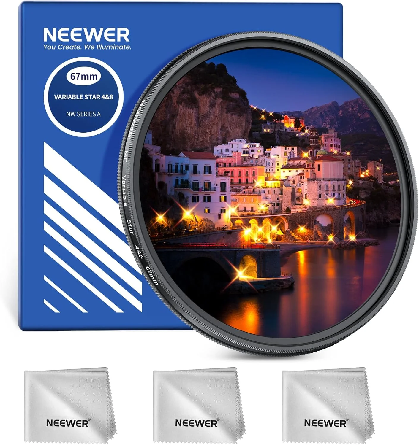 فیلتر ستاره ای قابل تنظیم NEEWER 67mm با 4/8 نقطه، فیلتر لنز دوربین چندلایه چرخان با صفحه متقاطع، قاب فلزی باریک و 3 عدد دستمال تمیز کننده برای عکاسی شب، جواهرات و معماری