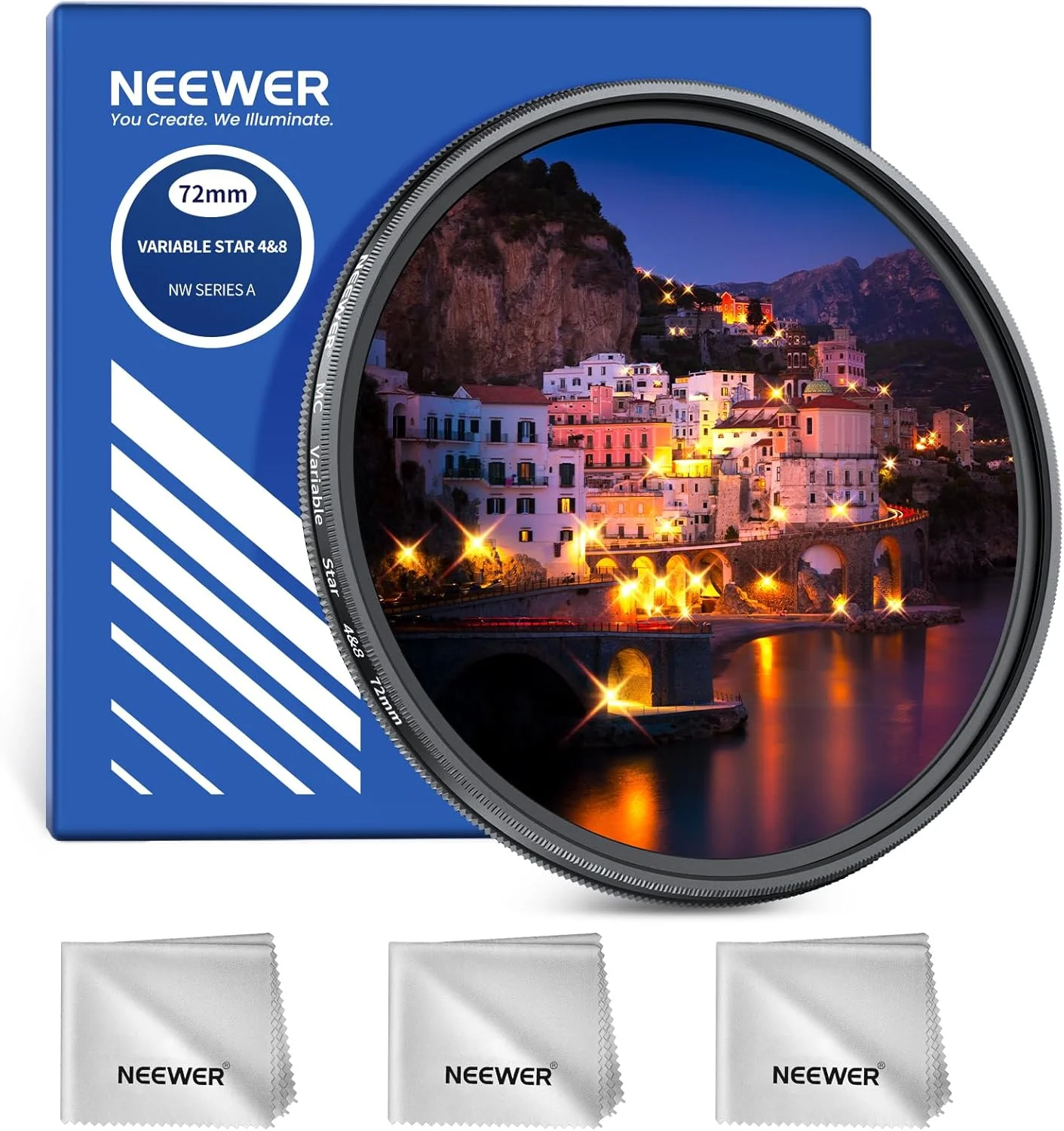 فیلتر ستاره ای قابل تنظیم 72 میلی‌متری NEEWER با 4/8 نقطه، فیلتر لنز دوربین چندلایه چرخان با صفحه متقاطع، قاب فلزی باریک و 3 عدد دستمال تمیز کننده برای عکاسی شب، جواهرات و معماری