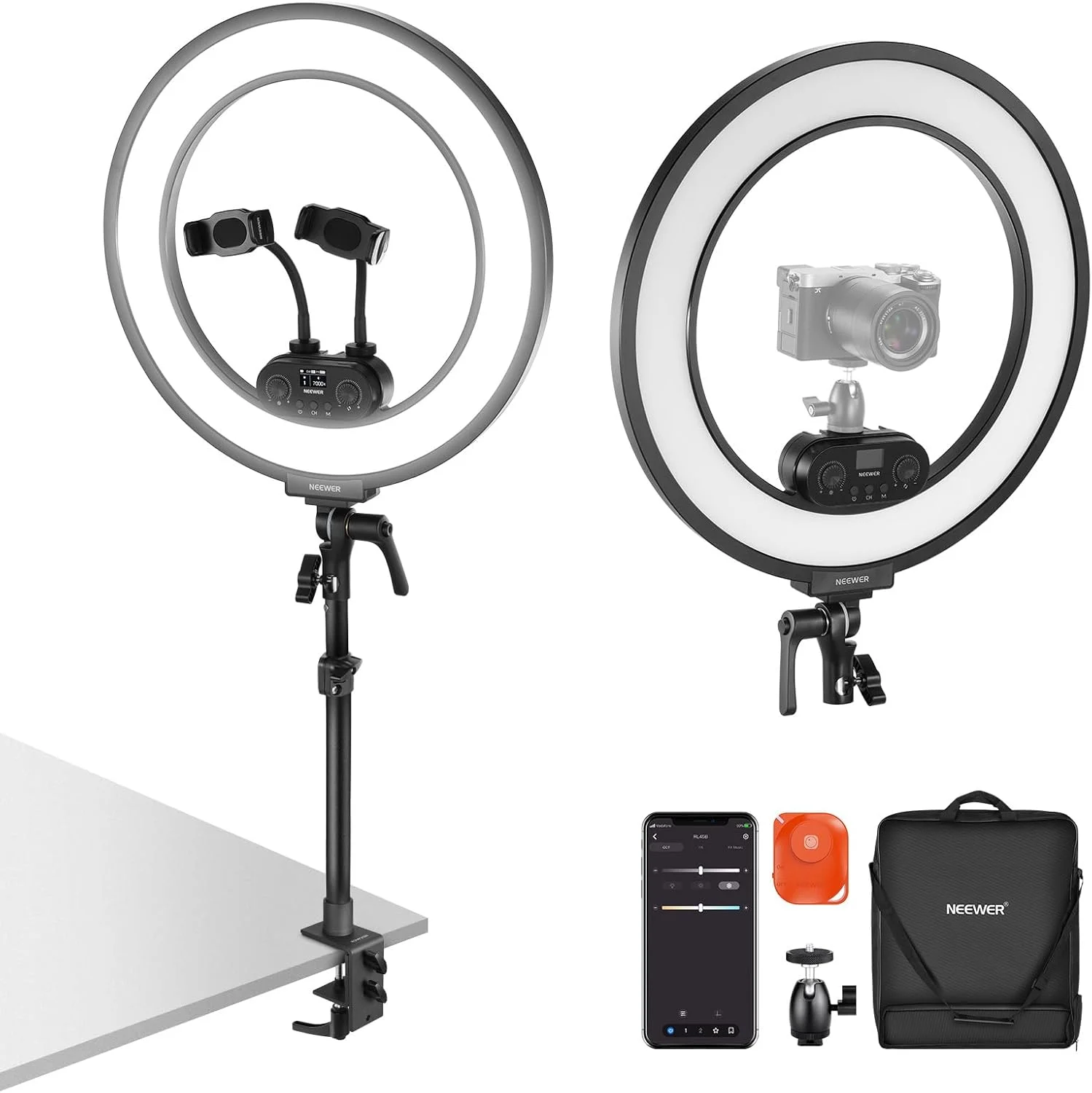 نور حلقه ای 18 اینچی NEEWER RL45B با لبه روشن برای موبایل، دوربین، لپ تاپ، مجموعه نورپردازی LED، نگهدارنده تلفن، پایه رومیزی، اتصال سر توپی، وب کم، تماس زوم، استریم، سلفی