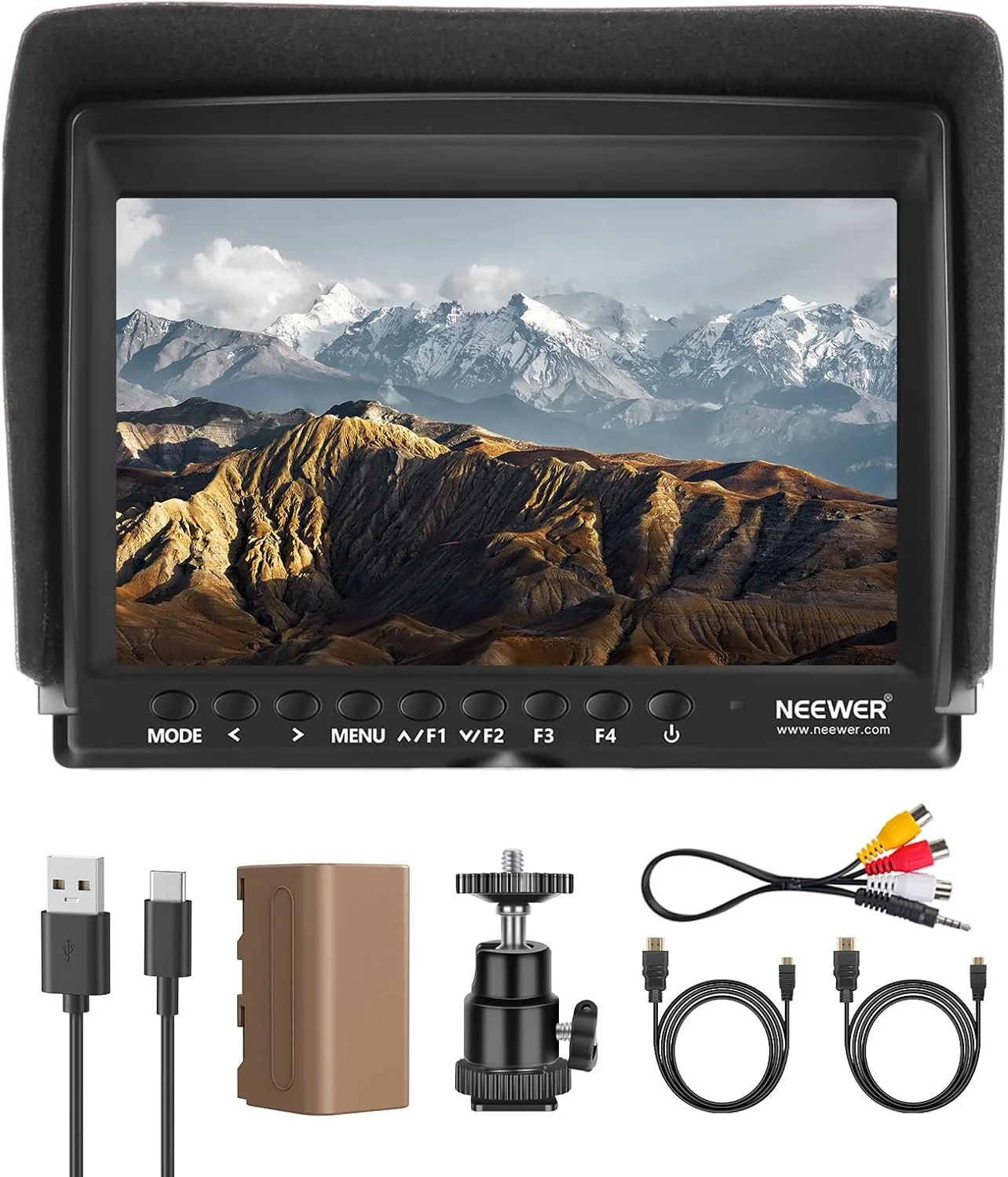 مانیتور 7 اینچی صحنه NEEWER F100 با کیفیت HD، نمایشگر IPS با رزولوشن 1280x800، ورودی HDMI 1080p به همراه باتری 4400mAh F750، آفتابگیر و هد توپی 360 درجه برای دوربین های DSLR، لرزشگیر دستی، تجهیزات فیلمبرداری